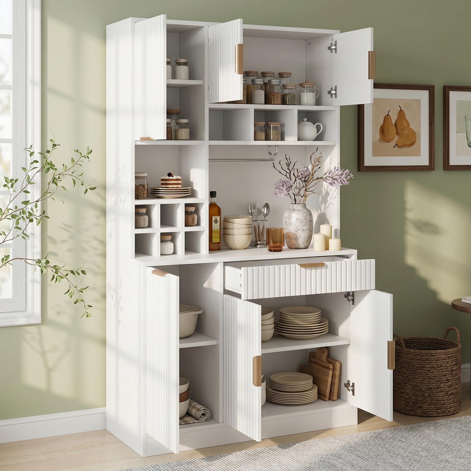 Armadietto alto per buffet, sala da pranzo, 100 x 40 x 175 cm, multilivello, ripiano per bicchieri da vino, portabottiglie, bianco