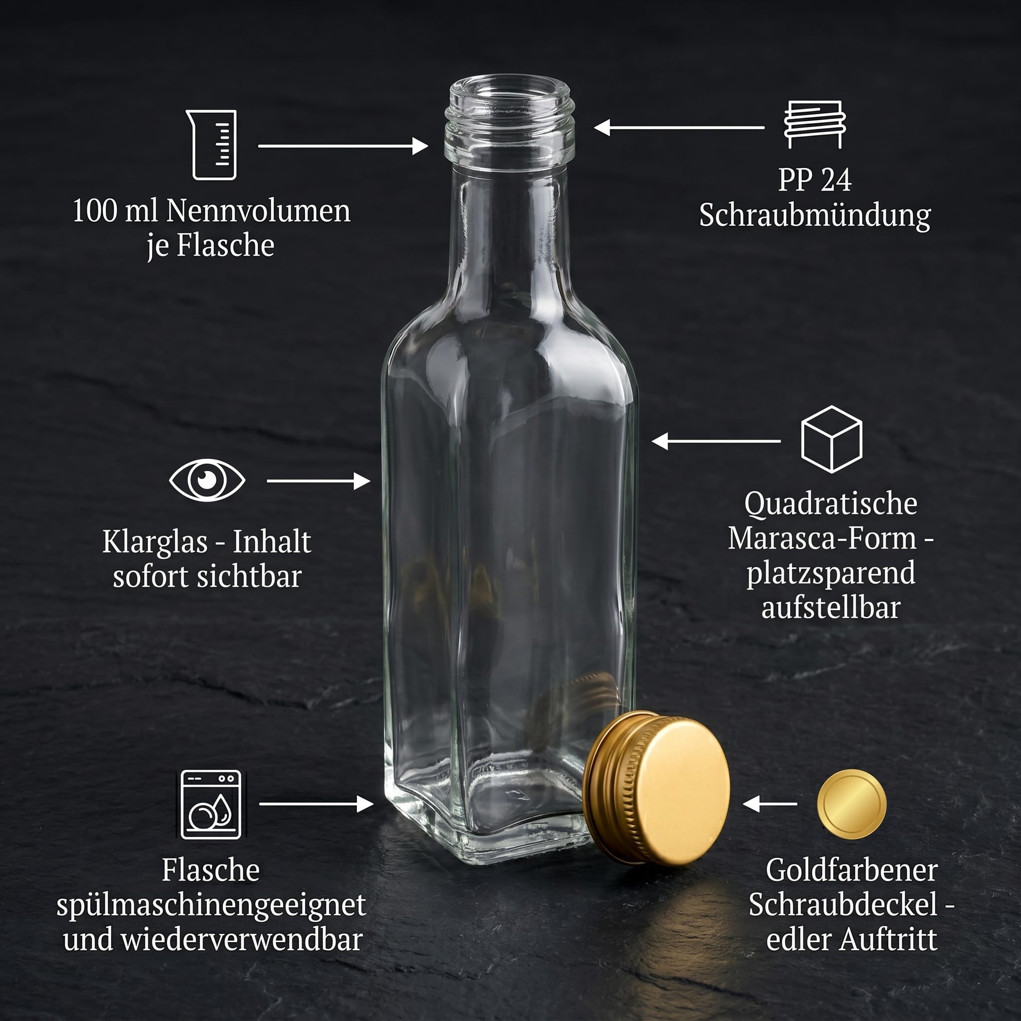 gouveo Lot de 48 bouteilles en verre Maraska (0,10 l) avec bouchons à vis dorés, flacons carrés pour liqueur sirop huile vinaigre PP 24 (MFET100G)