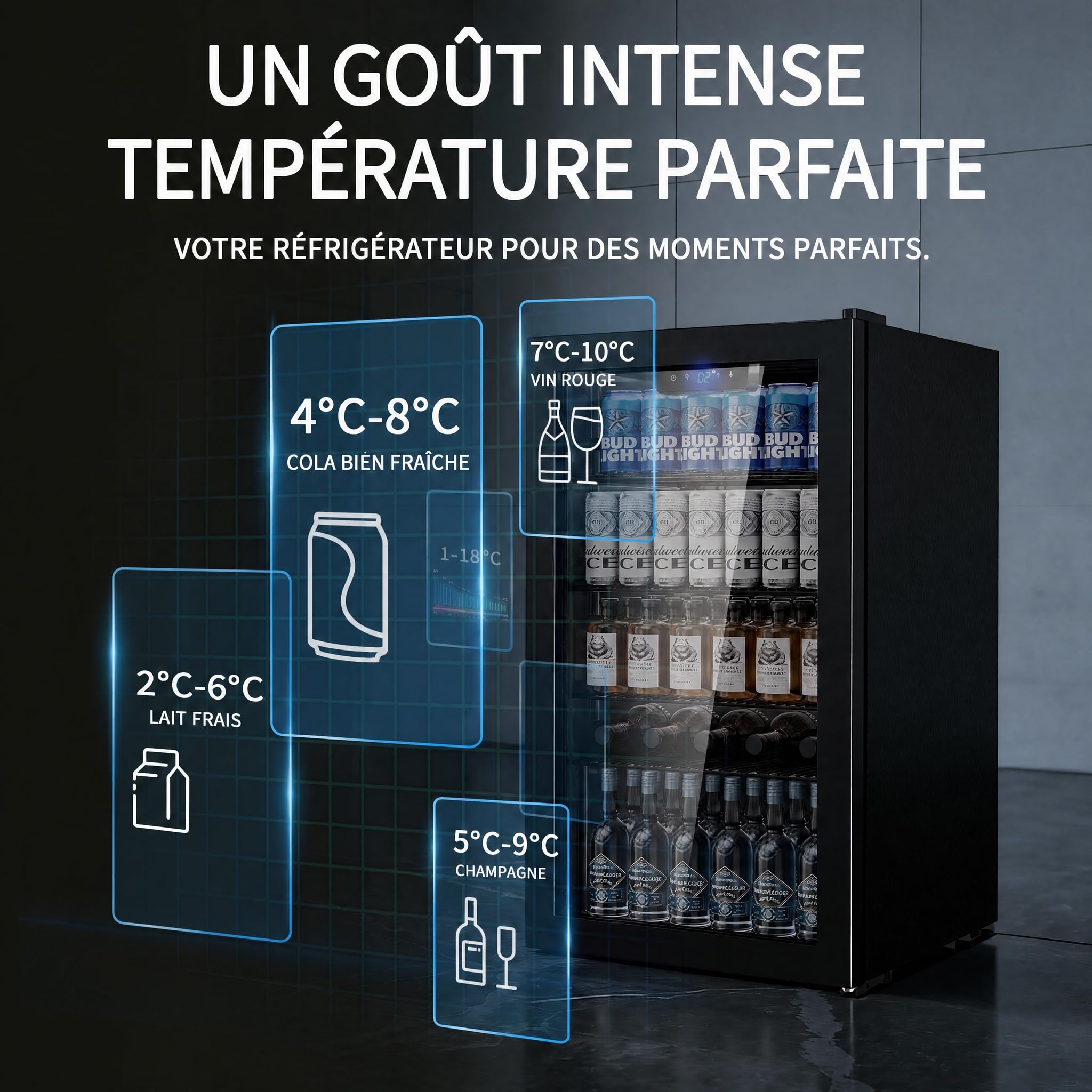 Airfish Réfrigérateur à boissons avec porte en verre, 86 L pour 130 canettes, mini-réfrigérateur avec clayettes réglables pour bière, vin et boissons, idéal pour la maison, le bar et le bureau