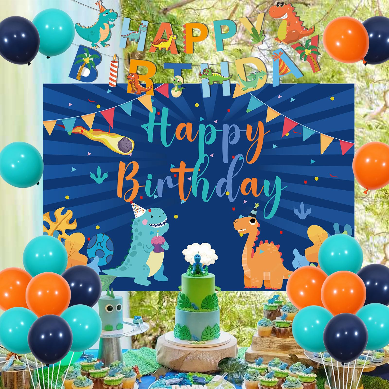 Dinosaur Birthday Party Kit - 140 Piece Blue Dino Decor Set With Balloons, Backdrop & Tablecloth