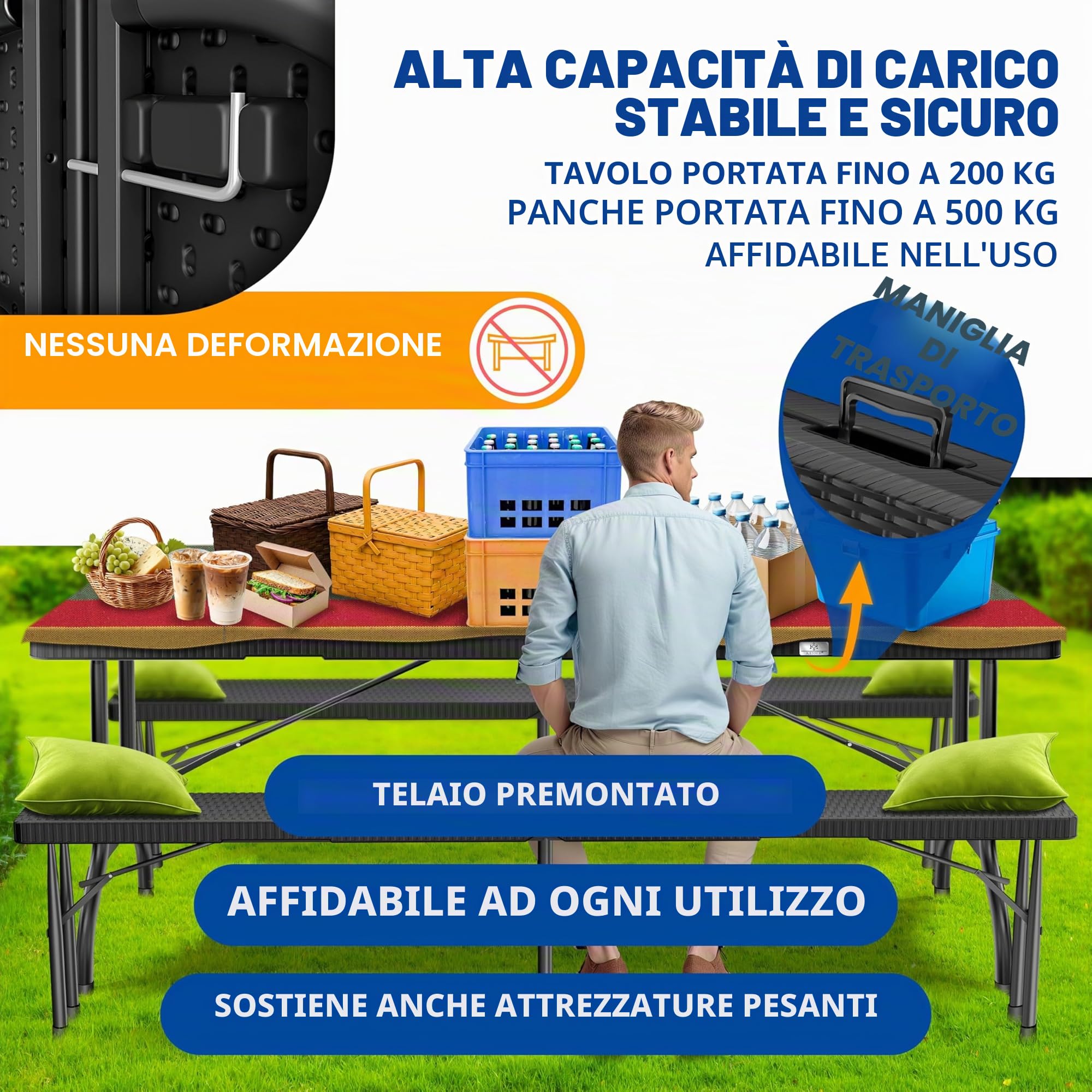 KESSER® Set tenda da birra - Set da 3 pezzi, Tavolo + 2 x Panca, per Interni - Esterni, AxLxP - 73x180x75 cm, Plastica, Set da Giardino in simil Rattan, Pieghevole, Nero