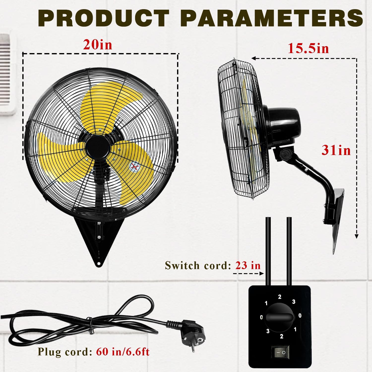 Size 20 Inch Wall Mount Fan, Heavy Duty Oscillating Wall-Mounted Fan with 5500 CFM, High Velocity 3 Speed Fans Outdoor with Adjustable Tilting for Workshop, Garage, Patios, Commercial and Industrial