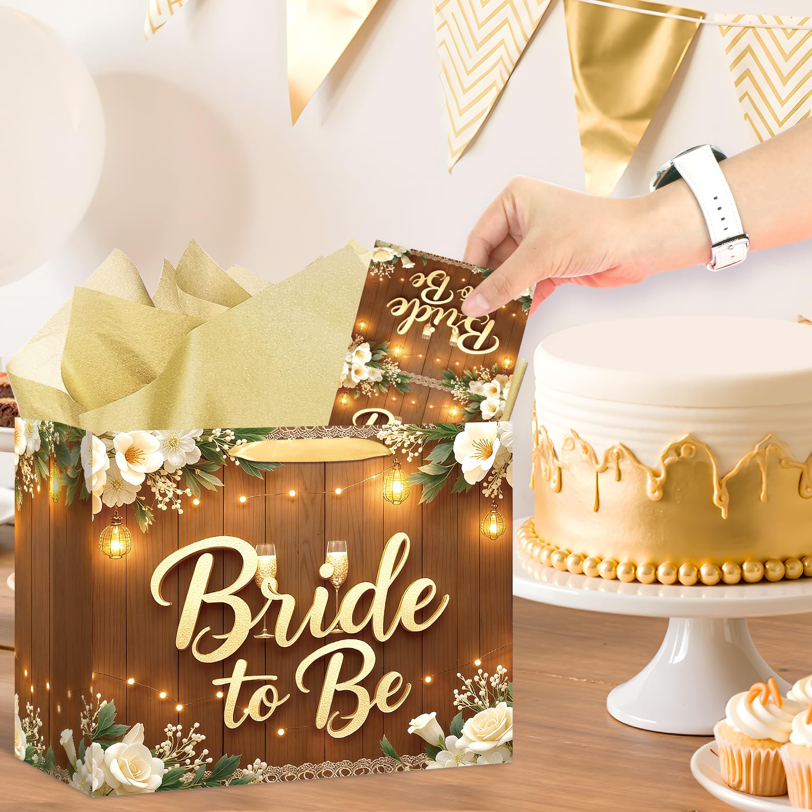 Woosytoo 1PC Brown Bride Gift Bag, Bridal Shower Gift Bags with Card and Tissue Paper, Bridal to Be Gift Wrapping Paper Bag for Bachelorette Engagement Wedding Shower Party Favor Bag