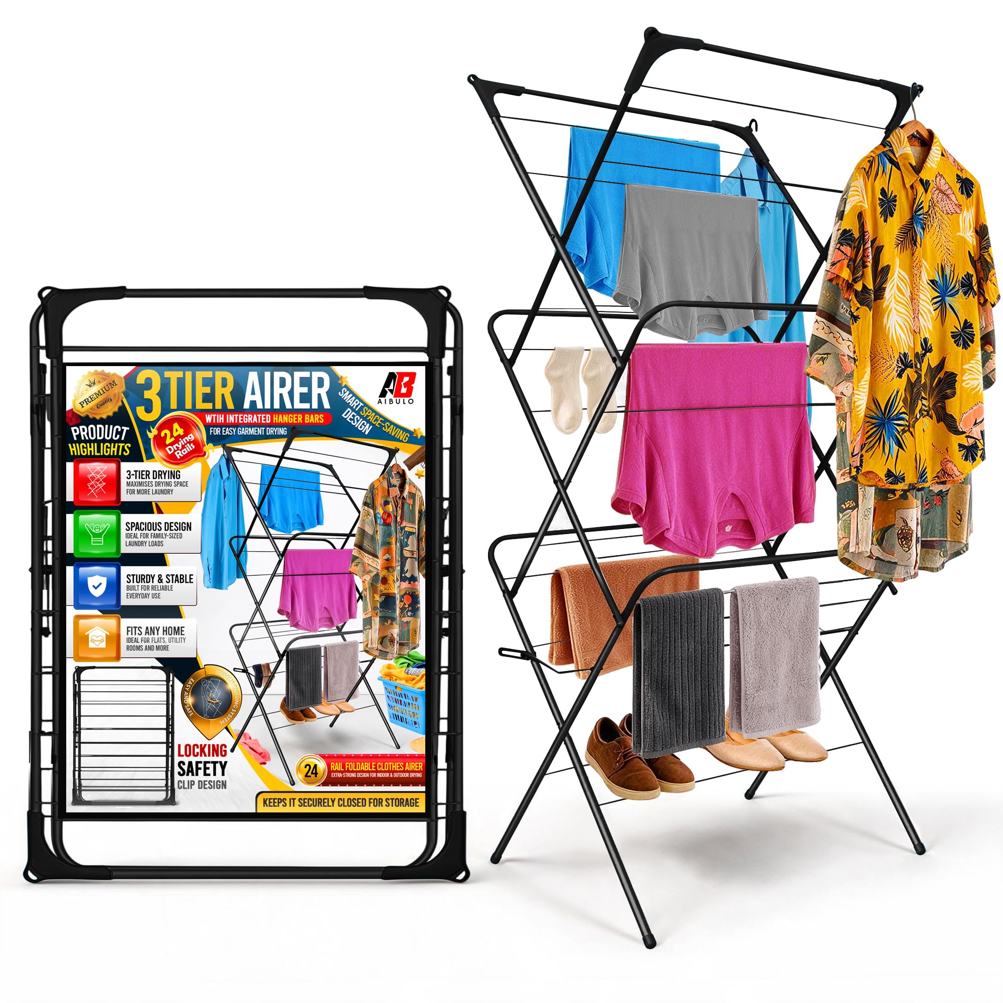 AIBULO 3 Tier Clothes Airer 24 Rails Heavy Duty | Foldable Clothes Drying Rack Indoor & Outdoor | 15KG Capacity Laundry Clothes Horse | Space Saving Dryer Rack with Non-Slip Feet | Black