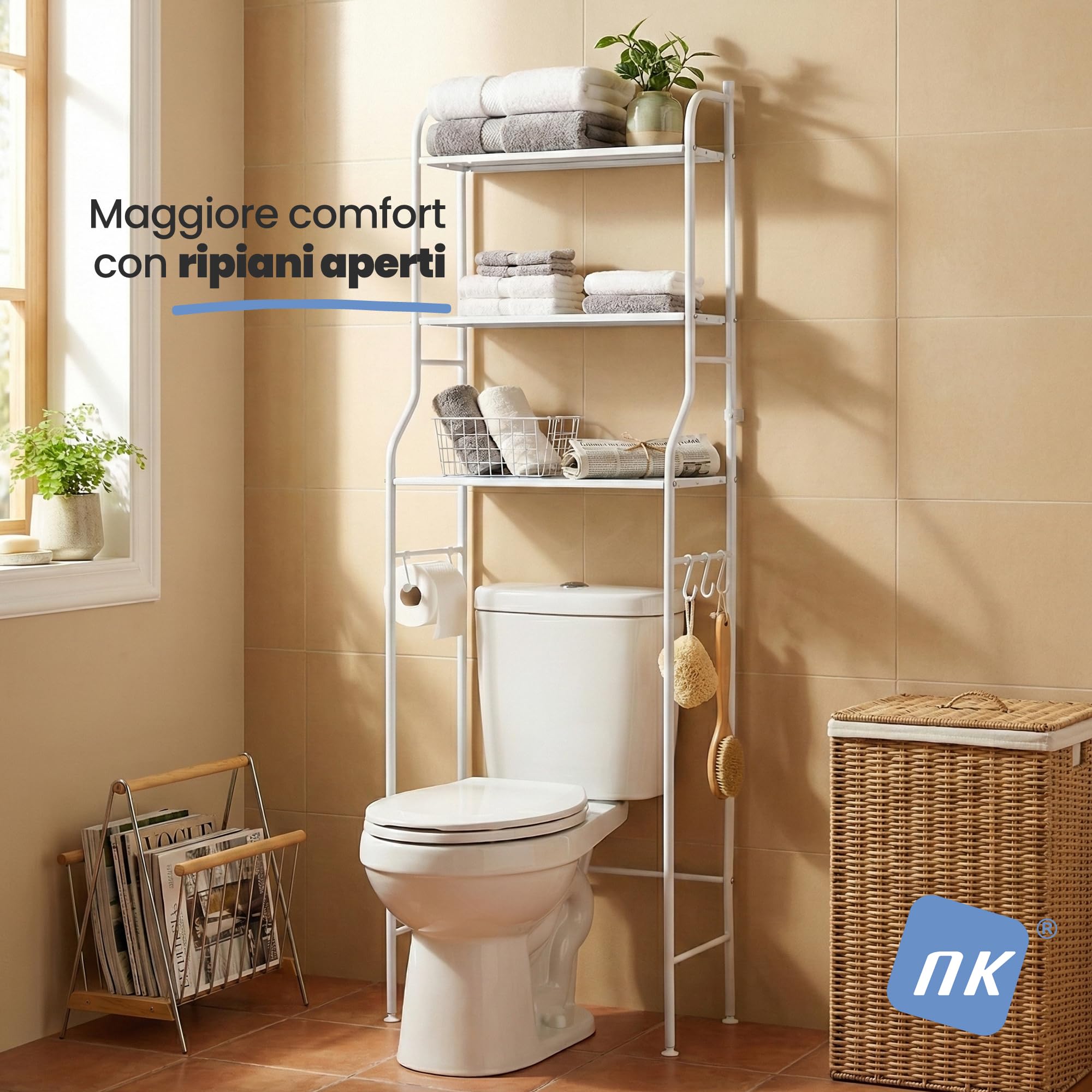 NK Scaffale Da Bagno Sopra WC – 153×47×26 Cm, 3 Ripiani Superiori, Portarotolo, 3 Ganci, Piedini Antiscivolo, Ferro + PP, Bianco, Montaggio Facile