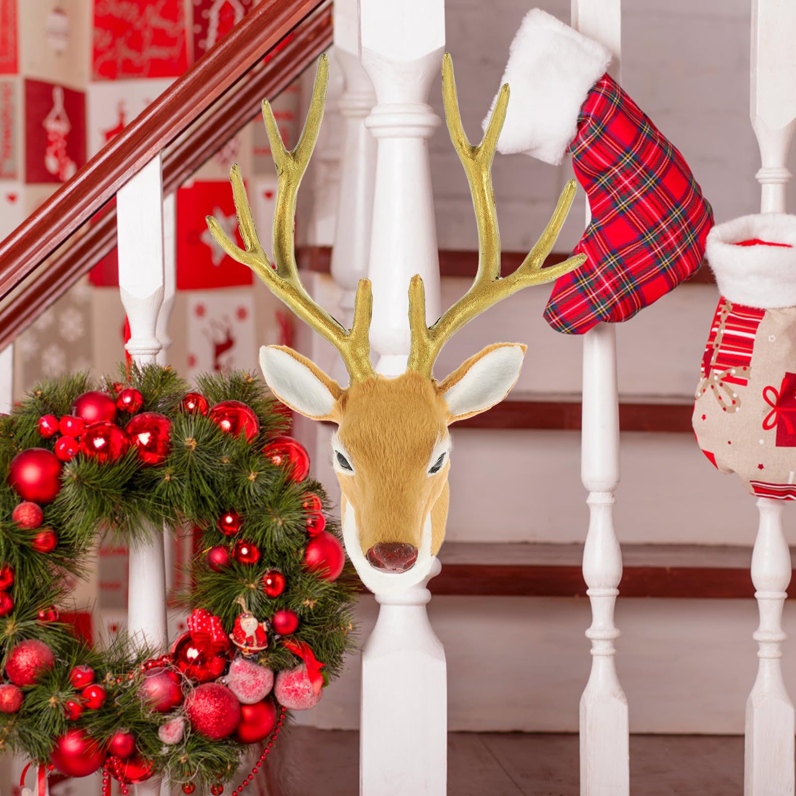 Décoration de Noël Tête de Renne en Laine Artificielle Légère et Portable, Accessoire Créatif pour Fête de Noël et Photo de Vacances