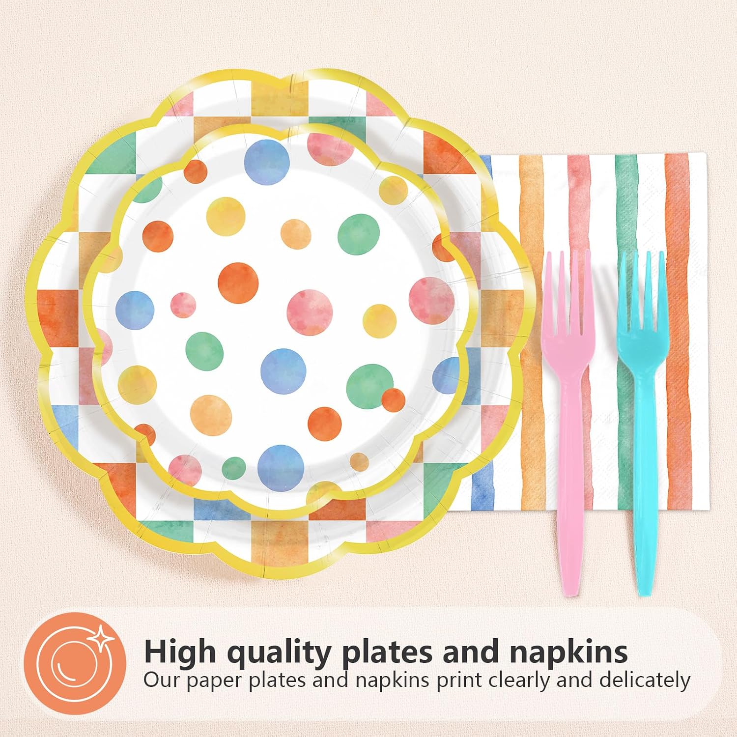 96Pcs Pastel Gingham Decorations Rainbow Gingham Plates and Napkins Colorful Striped Plaid Dots Tableware Set for Boys and Girls Baby Shower Pastel Birthday Preppy Party Supplies, Serves 24