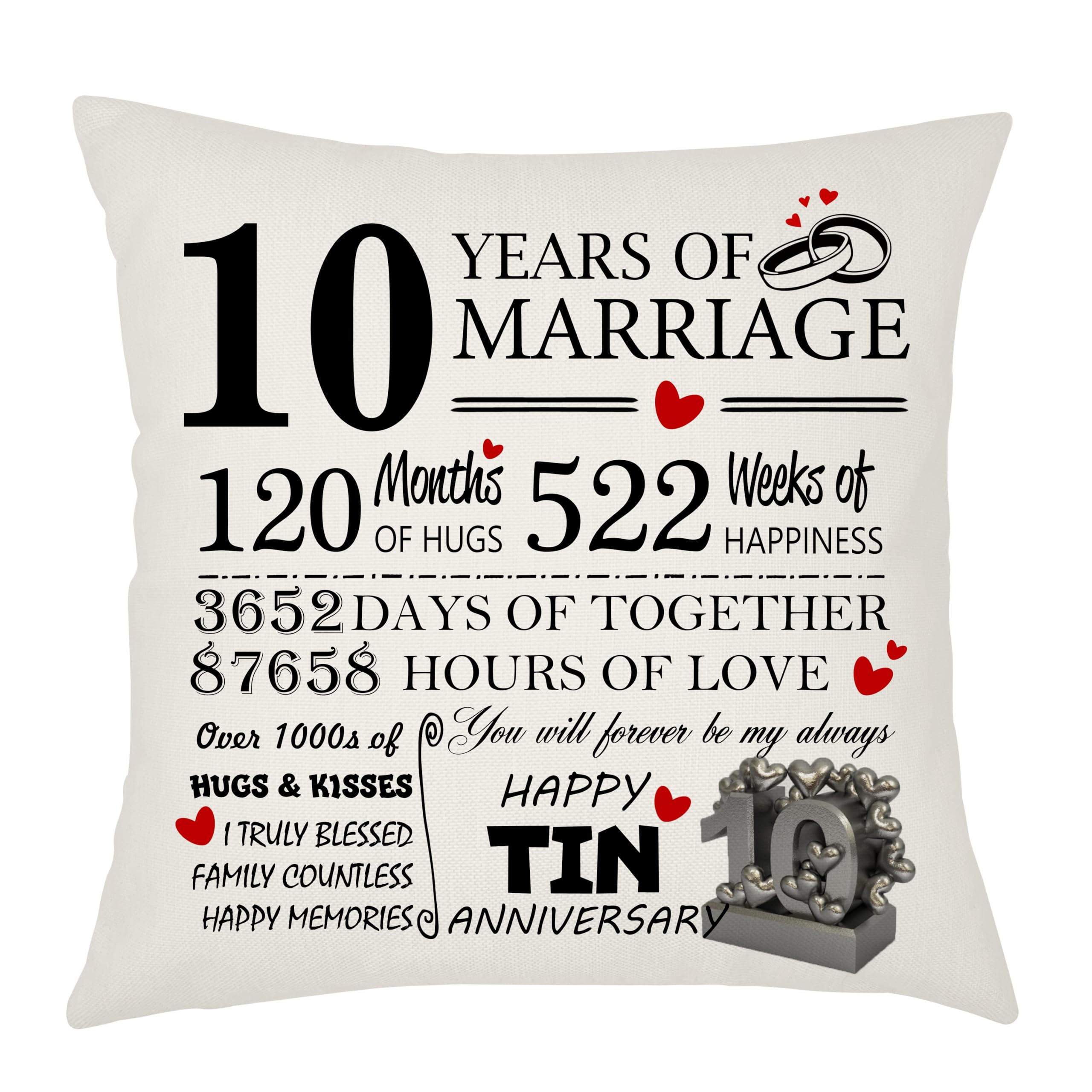Weosan 10th Wedding Anniversary Tin Anniversary Cushion Cover, Gift for Wife or Husband