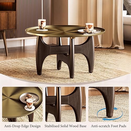 Miniatura 4 de Mesa de centro moderna de madera de nogal, mesa de centro redonda de 29 pulgadas con bandeja de acero inoxidable dorado cepillado, mesa de té de