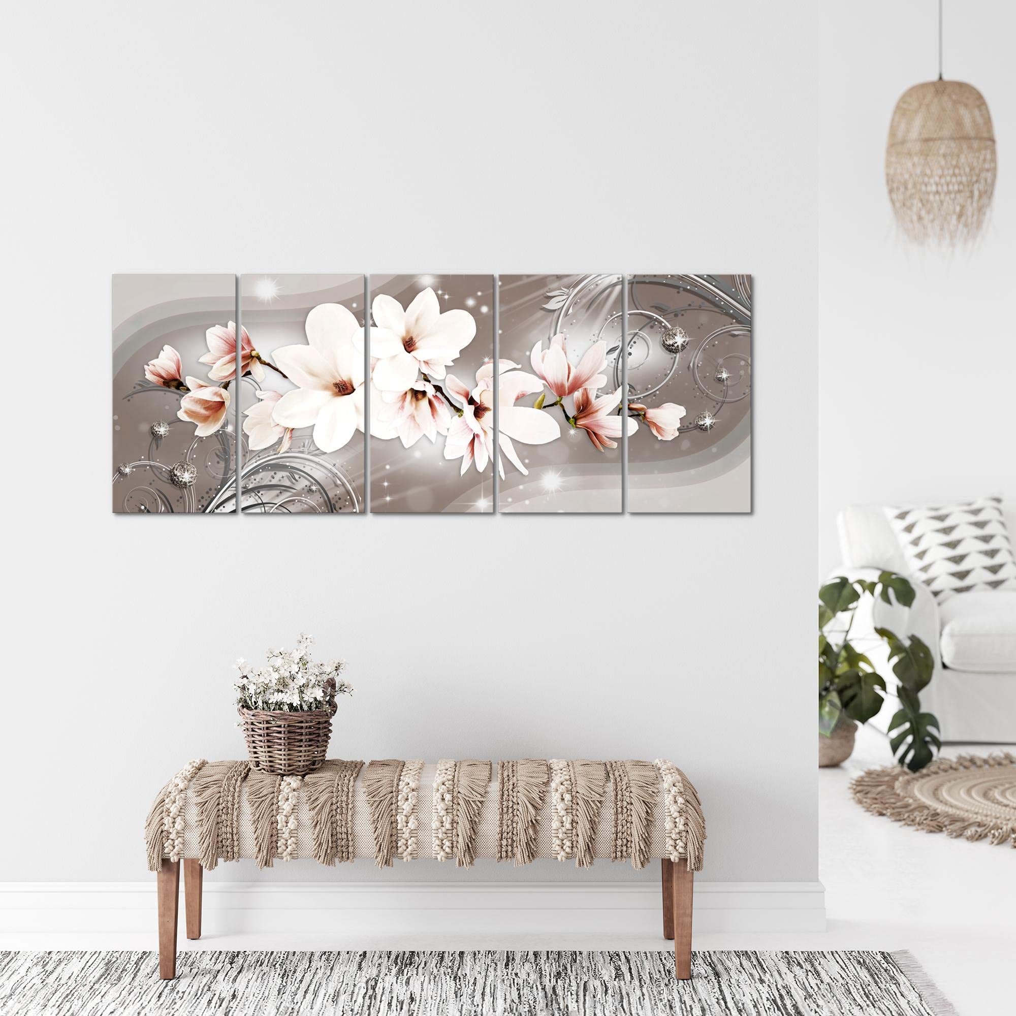 Runa Art Murali XXL Magnolia Fiori 200 x 80 cm Beige Marrone 5 Pezzi - Made in Germany - 006255a