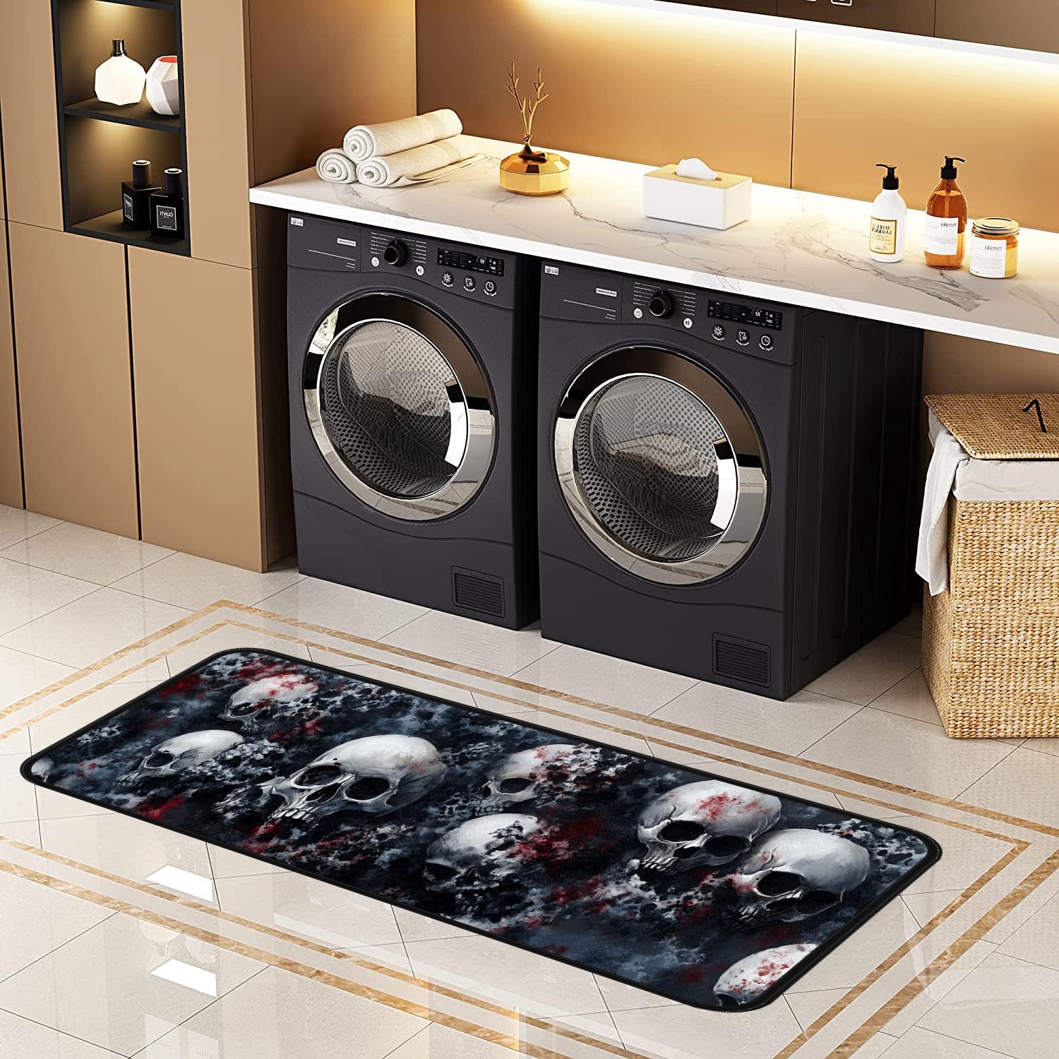 Decorative Laundry Room Floor Mat Skull Non-Slip Washable Farmhouse Kitchen Rug 59"x20" Halloween Rugs