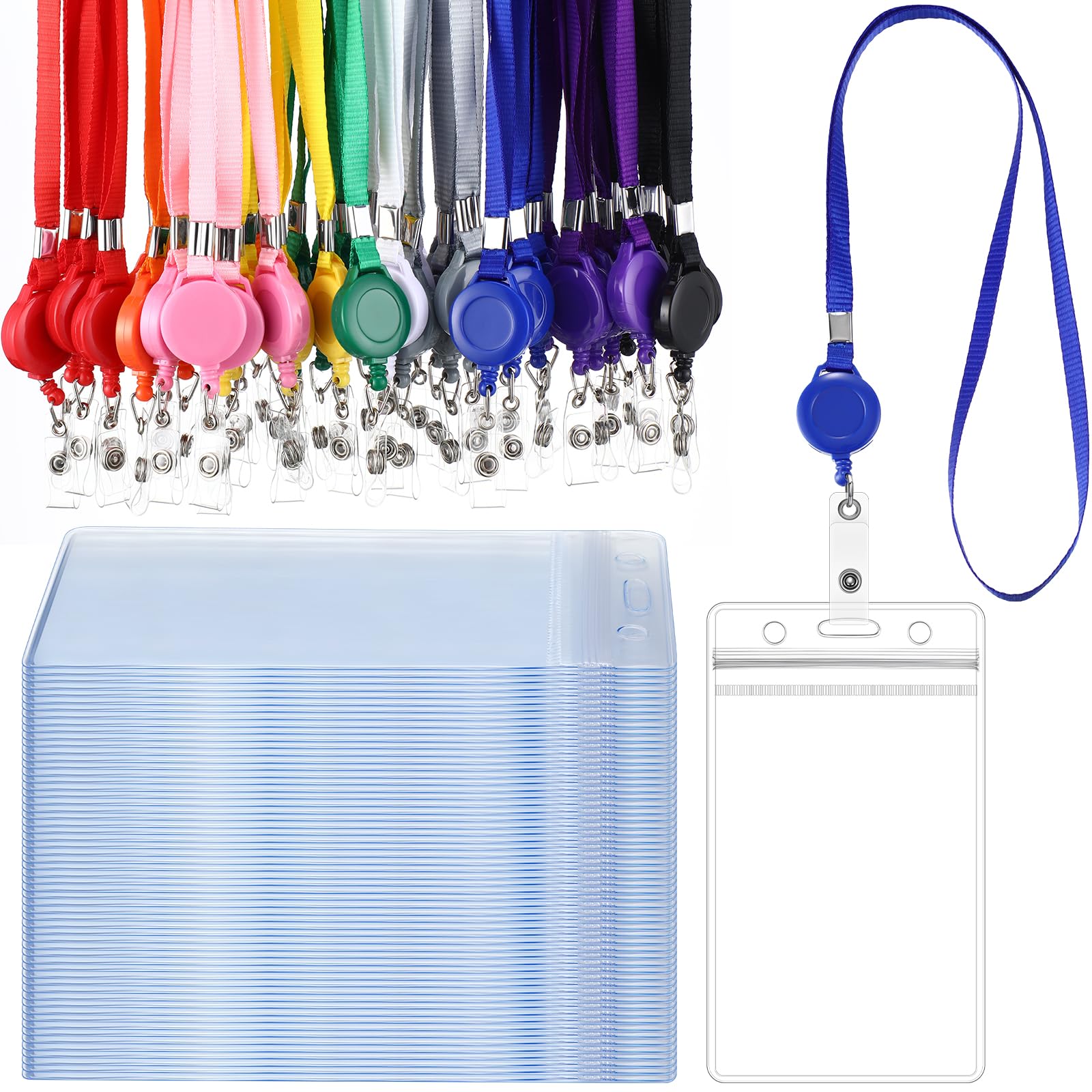 Marspark 50 Set Lanyard with ID Holder Include Flat Lanyard with Retractable Badge Reel and Clear Vertical Card for Offices(10 Colors)