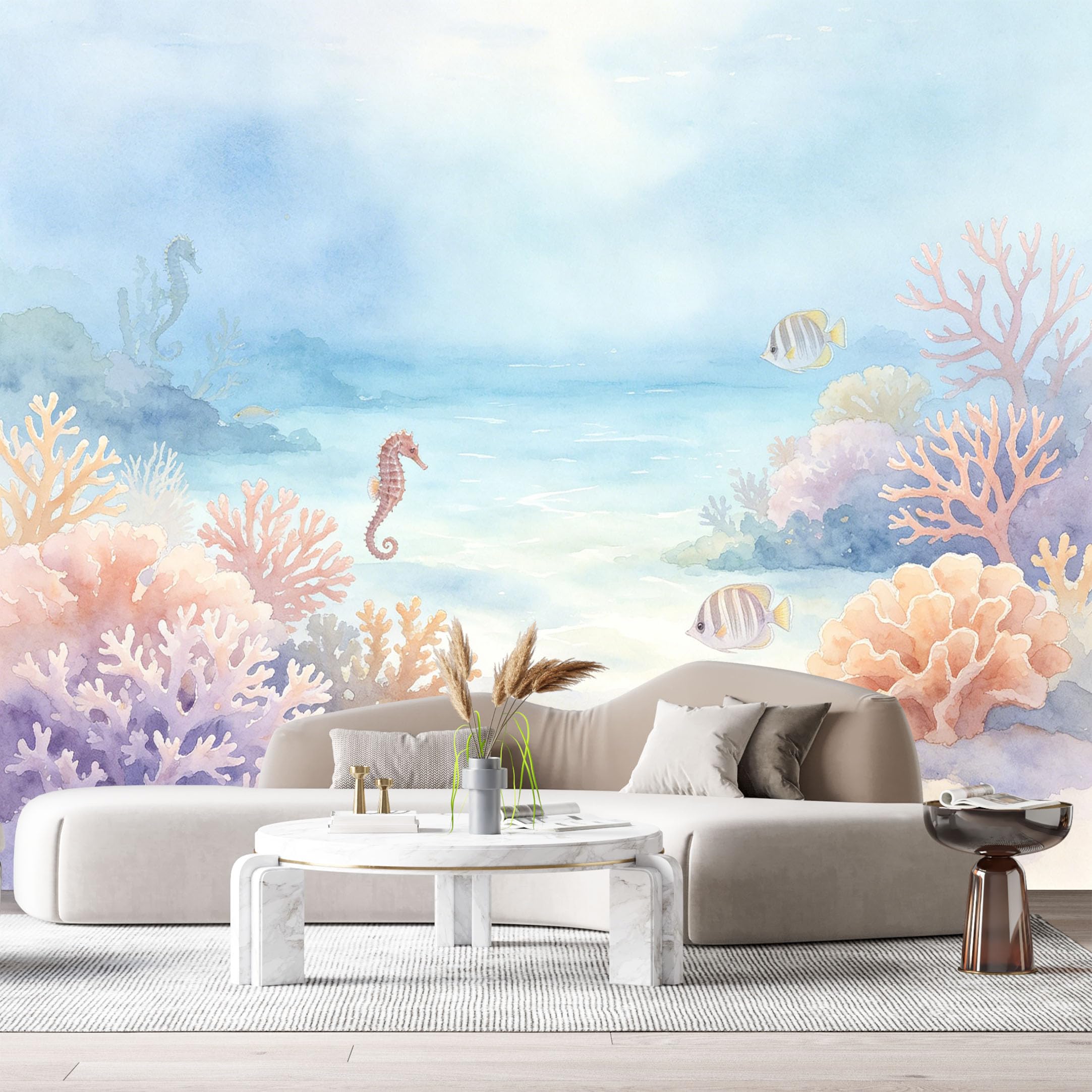 Custom Size Wall Murals Ocean Marine Watercolor Coral Reef Seahorse Tropical Fish SelfAdhesiveWall Fabric Removable Wallpaper Wall Decor for Living Room Bedroom Bathroom