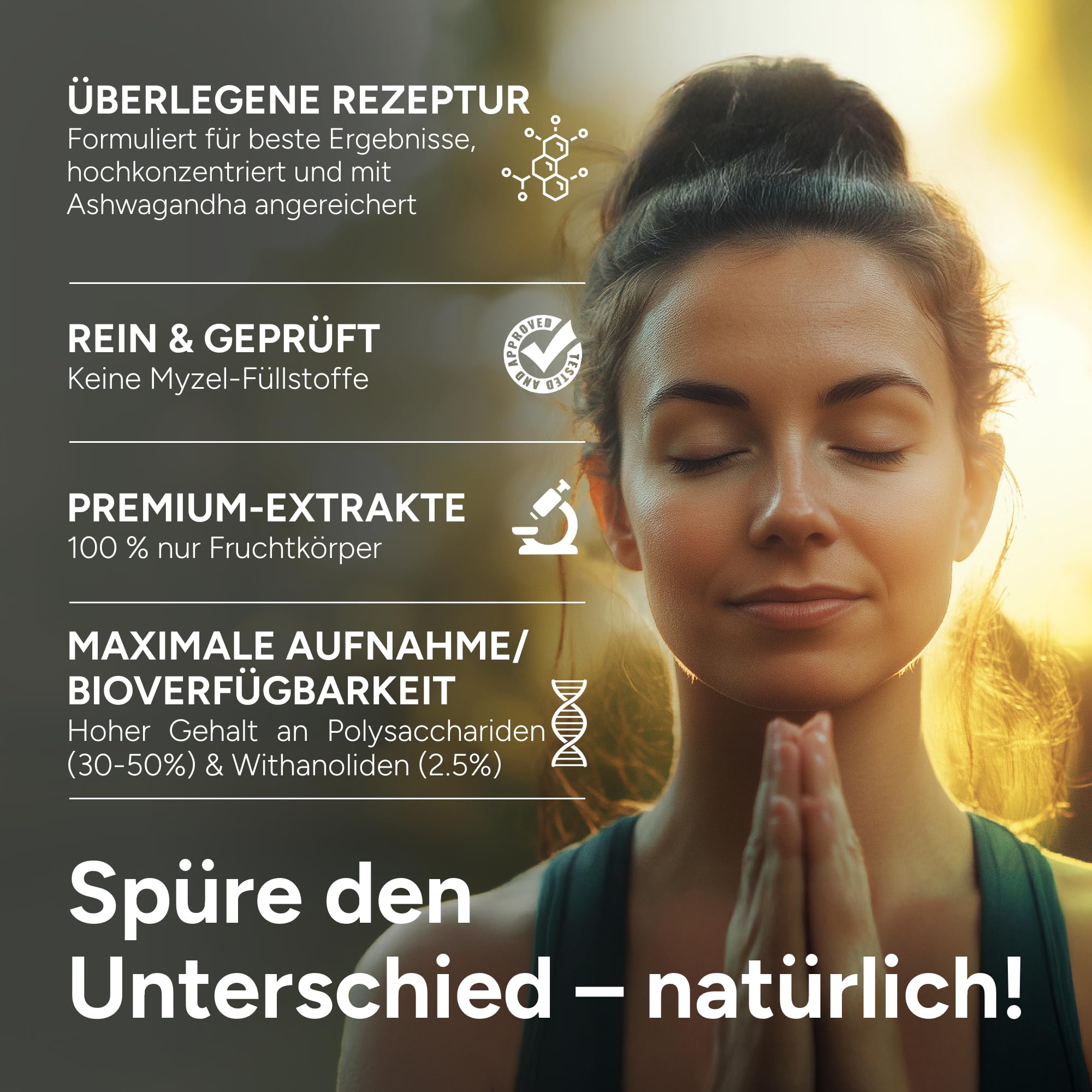 Vitalpilz plus+ Ashwagandha Kapseln | Mushroom Complex – 120 Kapseln – Lions Mane (Hericium), Reishi, Shiitake & Ashwagandha Extrakt – 30–50% Polysaccharide, 2,5% Withanolide – Vegan