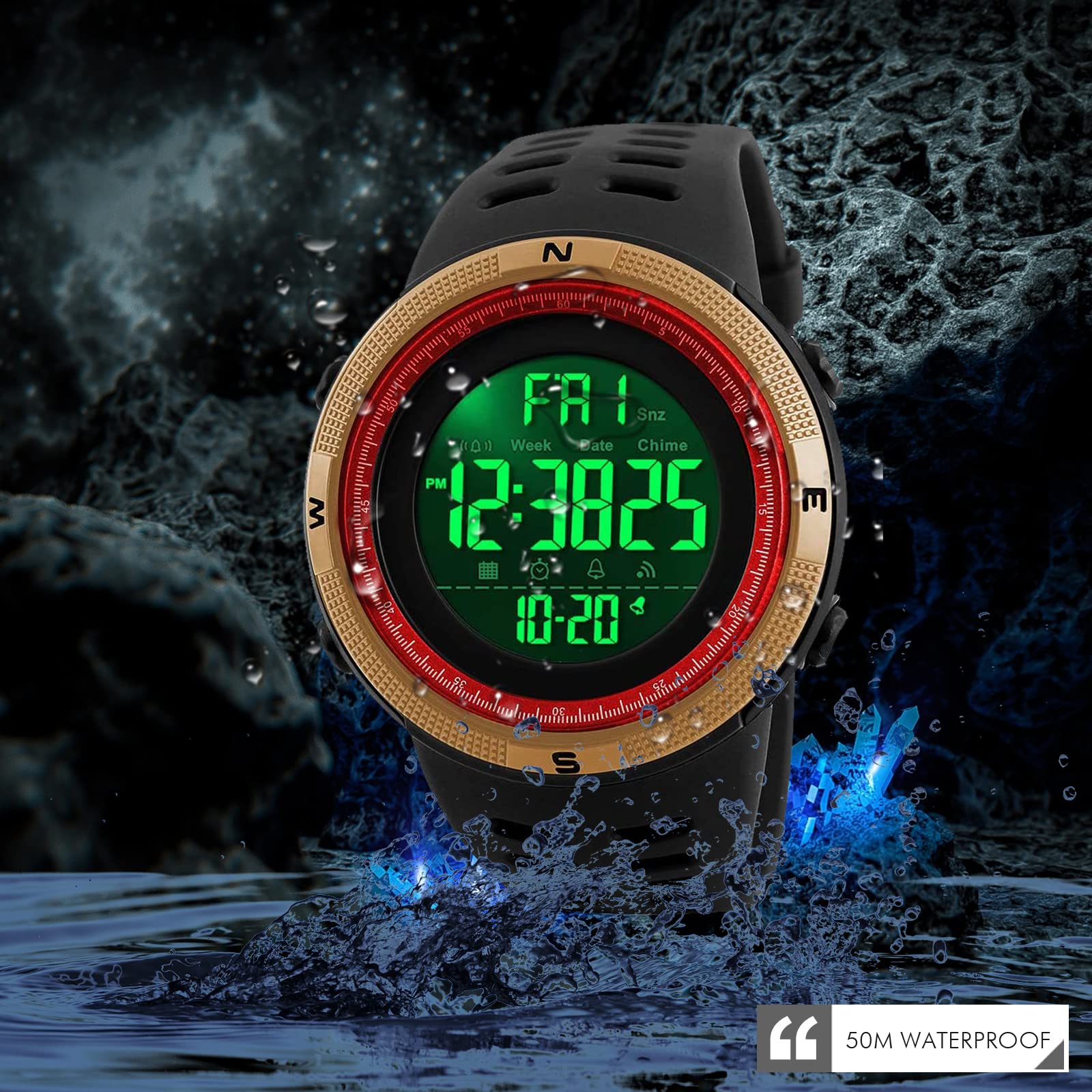 SKMEI Orologio Sportivo Digitale Uomo, Impermeabile 50m, Retroilluminazione LED, Cronometro, Sveglia, Data, Cinturino In Gomma Nera - 3
