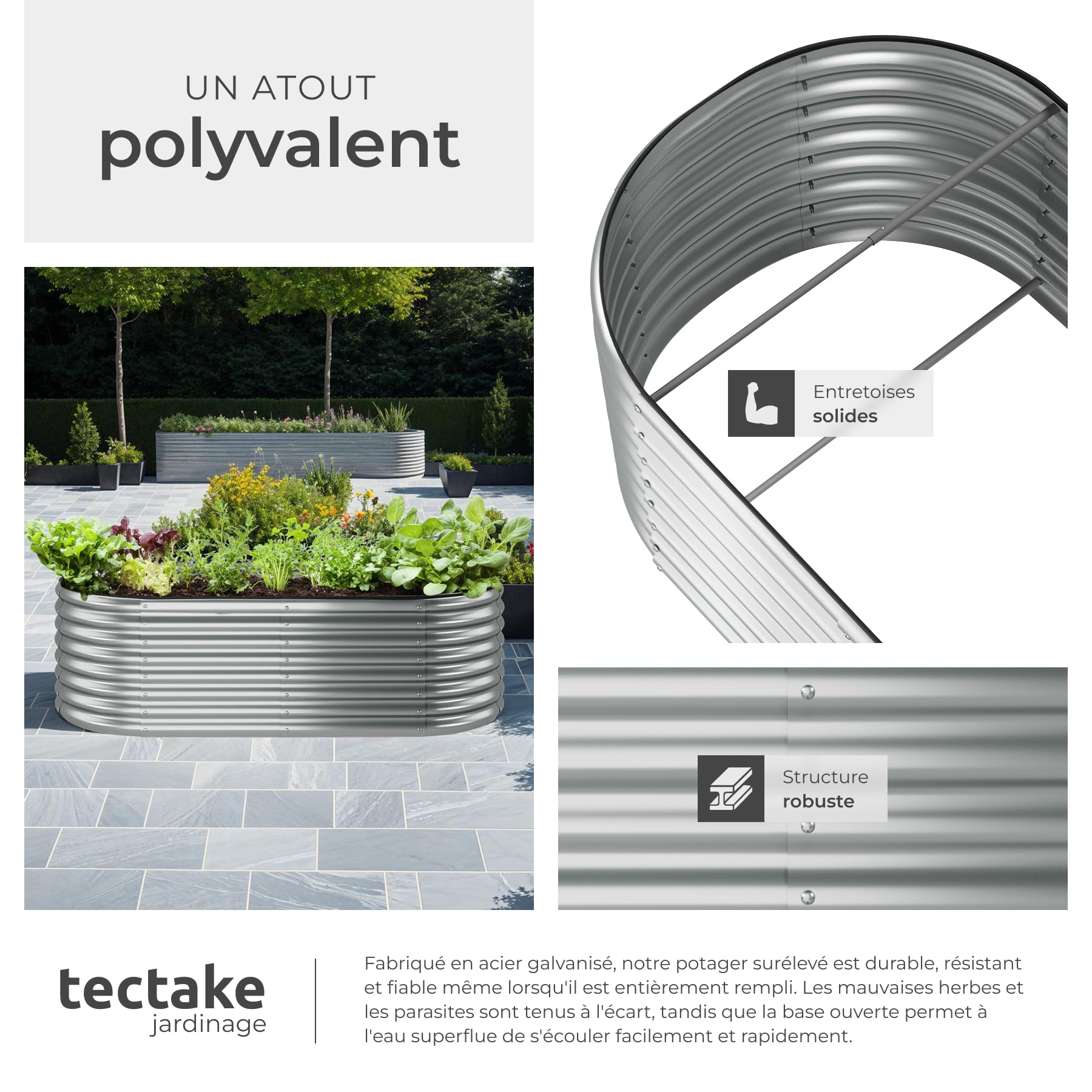 tectake® Lit de Jardin Carré Potager de Jardin surélevé, Bac à semis Jardiniere en Acier galvanisé résistant à la Rouille Serre de Jardin Jardiniere Exterieur Grande Taille 200x100x60 cm