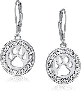 Pet Friends Silvertone and Crystal Paw Leverback Drop Earrings, Silver