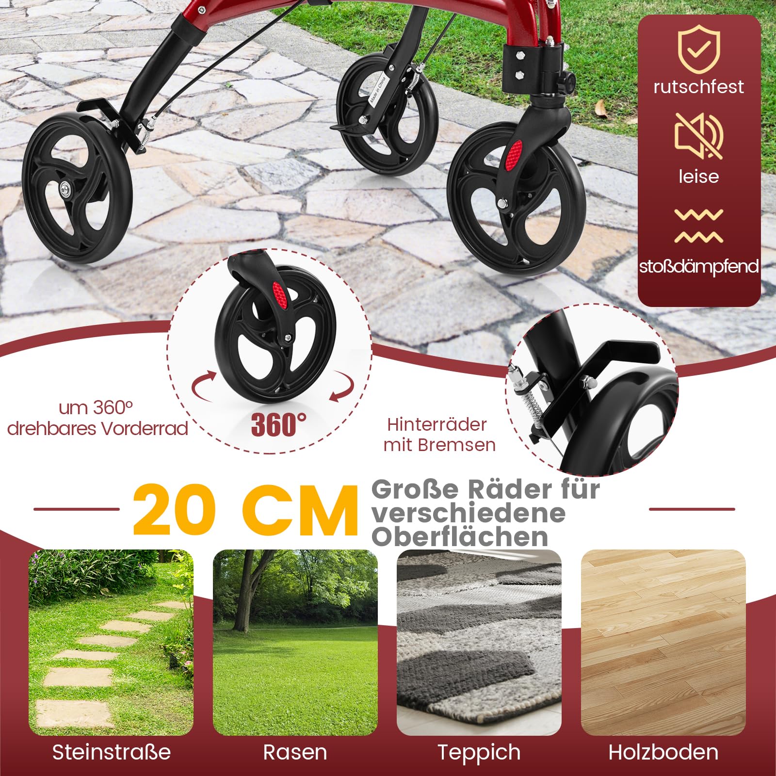 COSTWAY Rollator schmal für Wohnung, Dreirad, faltbar und leicht, Gehhilfe 6-fach höhenverstellbar, Gehwagen mit Tasche & Bremse, Aluminiumrahmen, klappbar für Senioren & Erwachsene (Rot)