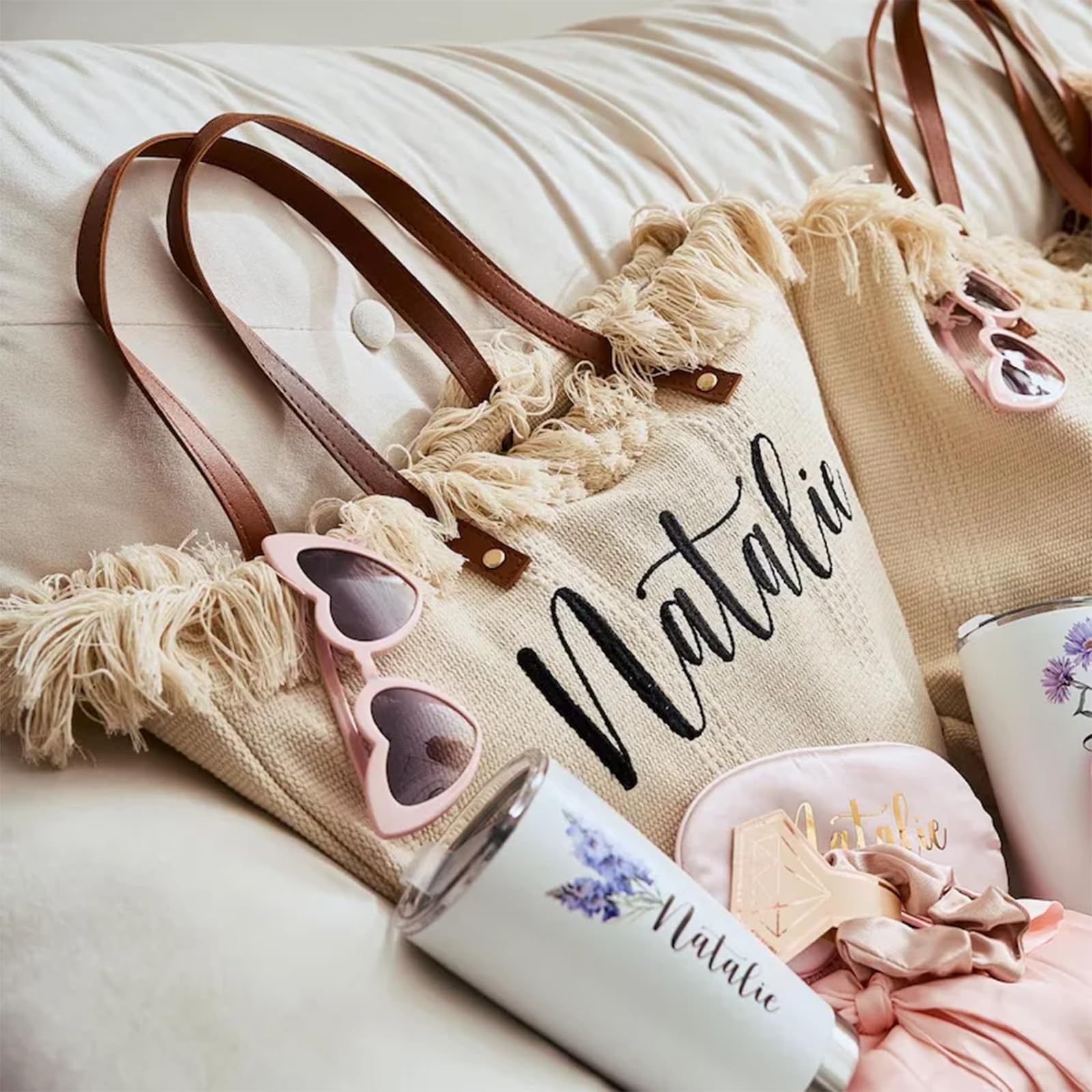 Borsa tote per damigella d'onore con ricamo personalizzato, borse di tela per regali per feste nuziali, frange boho e borse da spiaggia per spose, regalo di viaggio per ragazze