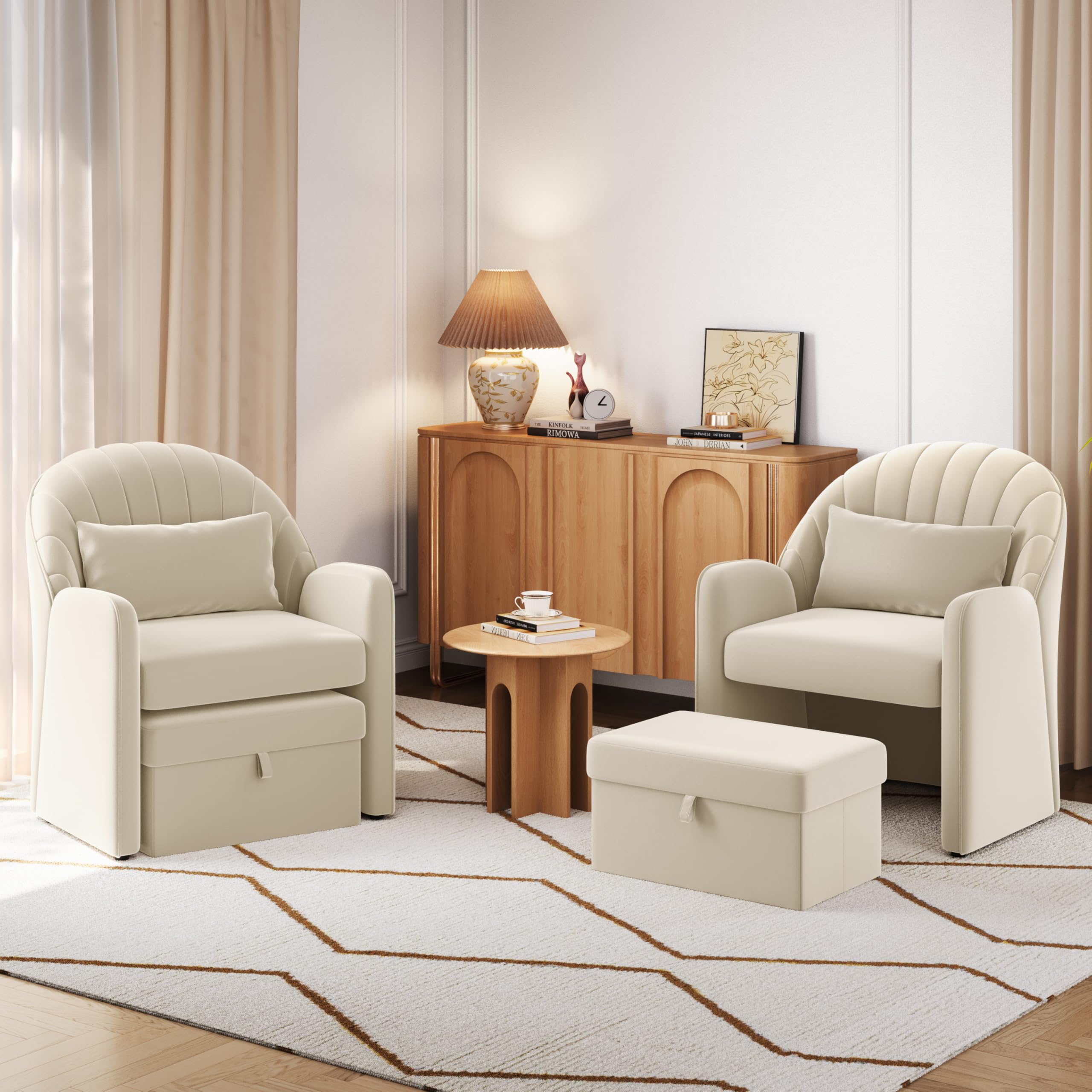 Yaheetech Piccola Poltrona Salotto Moderna Sedia Imbottita con Effetto Velluto con Poggiapiedi Contenitore e Cuscino Lombare Poltrocina Relax con Braccioli per Soggiorno Camera da Letto Lettura Beige