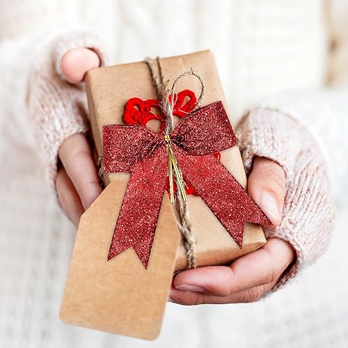 Miniatura 8 de Sumind 36 lazos rojos con purpurina para árbol de Navidad, lazos de 5 x 4 pulgadas para bolsas de golosinas, cesta de envoltura de regalo, boda,