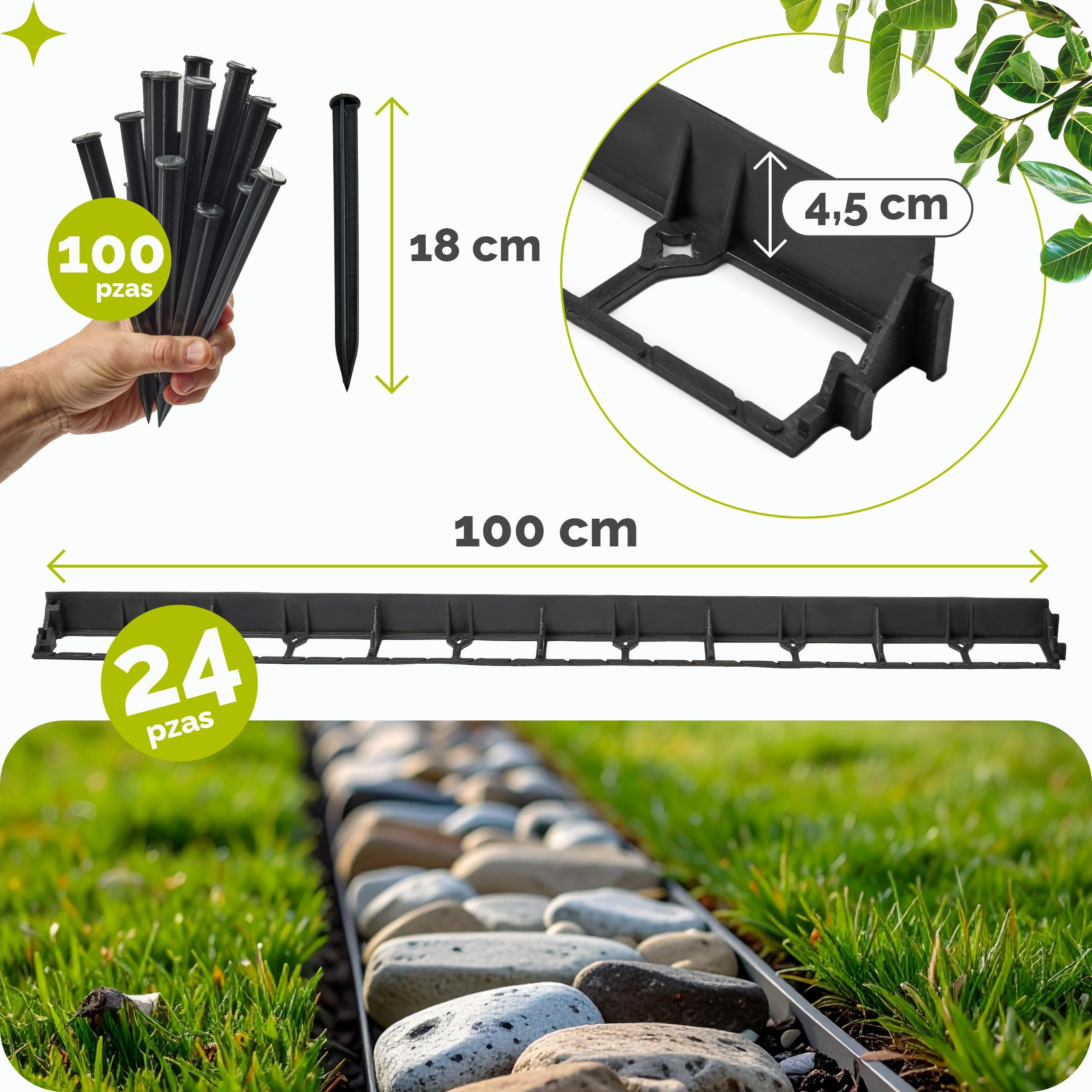 Garronda Valla 24 m x 4,5 cm Bordura Jardín Exterior 100 Piquetas GD-0157 | Valla Separadora para Huerto Urbano y Borde Césped, Decoración Paisajística para Áreas Verdes