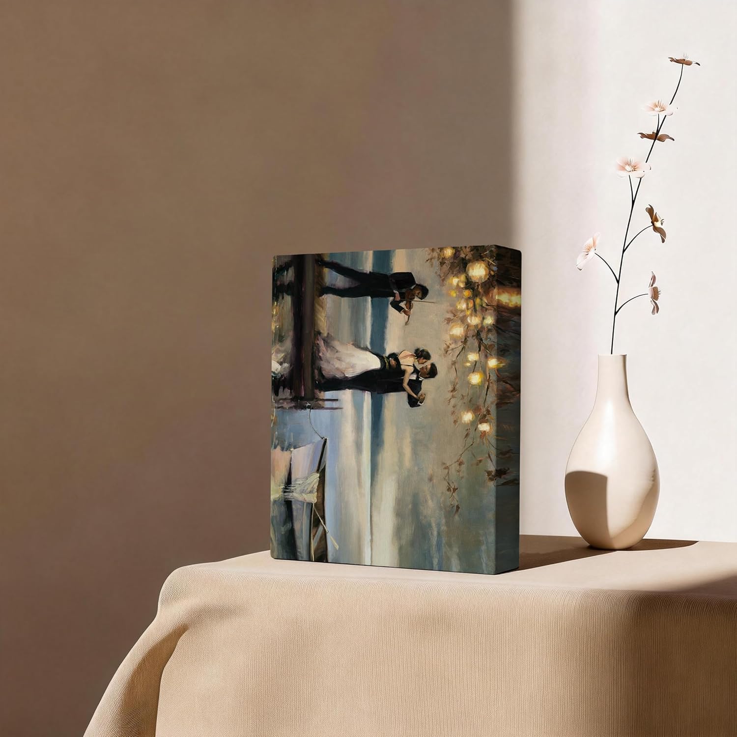 Twilight Romance Canvas Wall Art, Gallery Wrapped 12x16 Inch, Romantic Couple Dancing By Lake Oil Painting Wall Art Home Decor for Living Room Bedroom