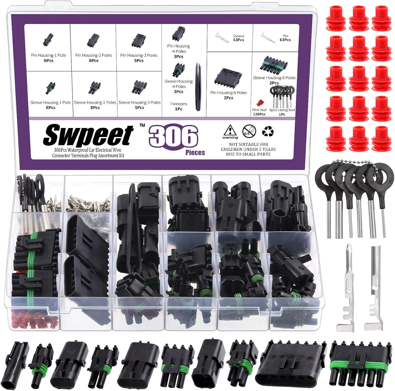 Swpeet 311Pcs 1/2/3/4/6 Male & Female Pin Waterproof Automotive