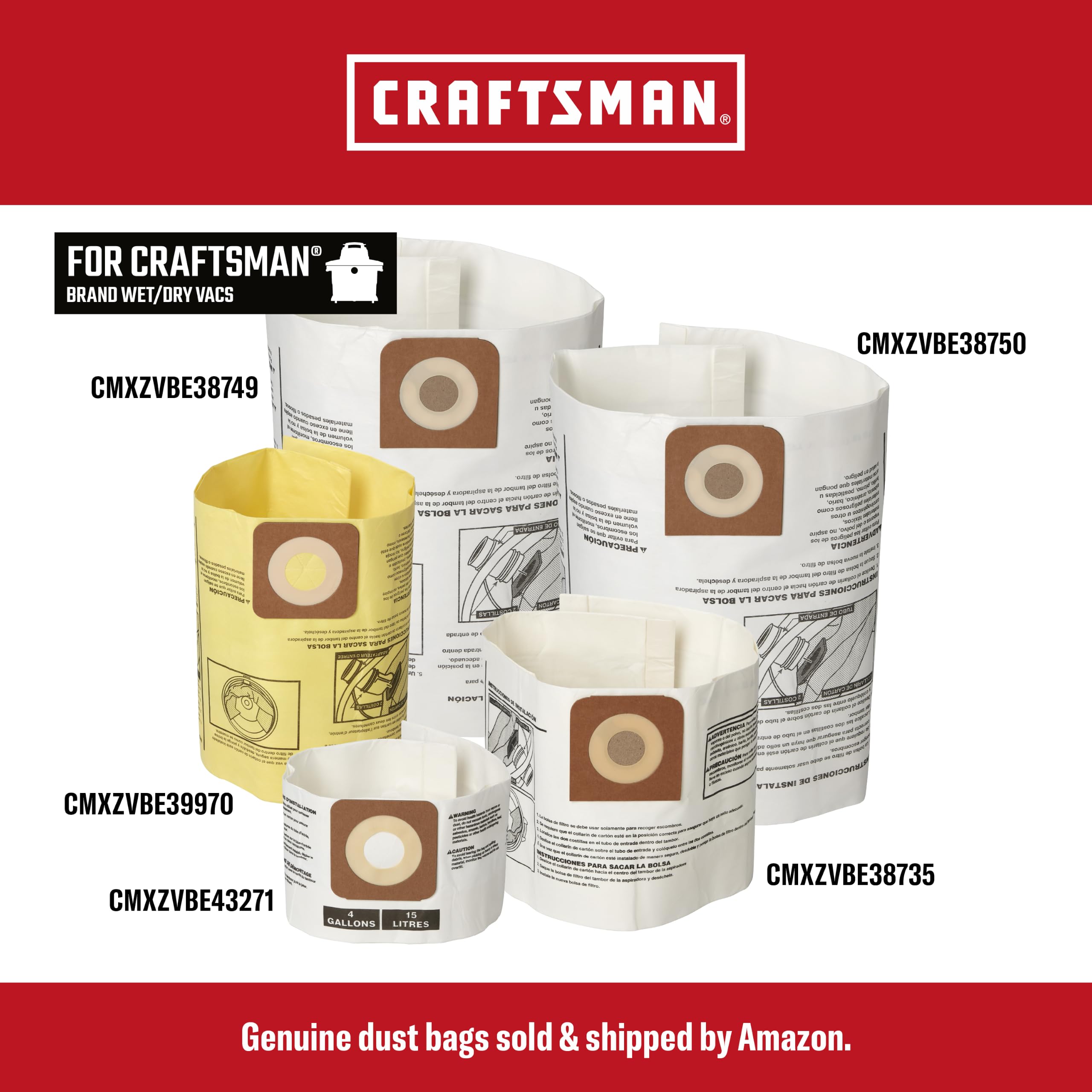 CRAFTSMAN CMXZVBE38750 Bolsas de recogida de polvo fino húmedo/seco para aspiradoras de tienda de 16 y 20 galones, paquete de 2