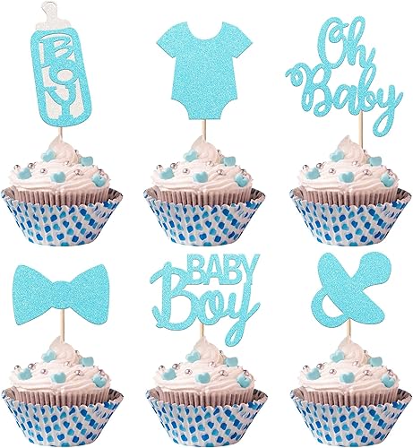 Paquete de 24 adornos para cupcakes para bebés, niños y niñas, con purpurina para chupete, enterizo con lazo, revelación de género, para cupcakes,