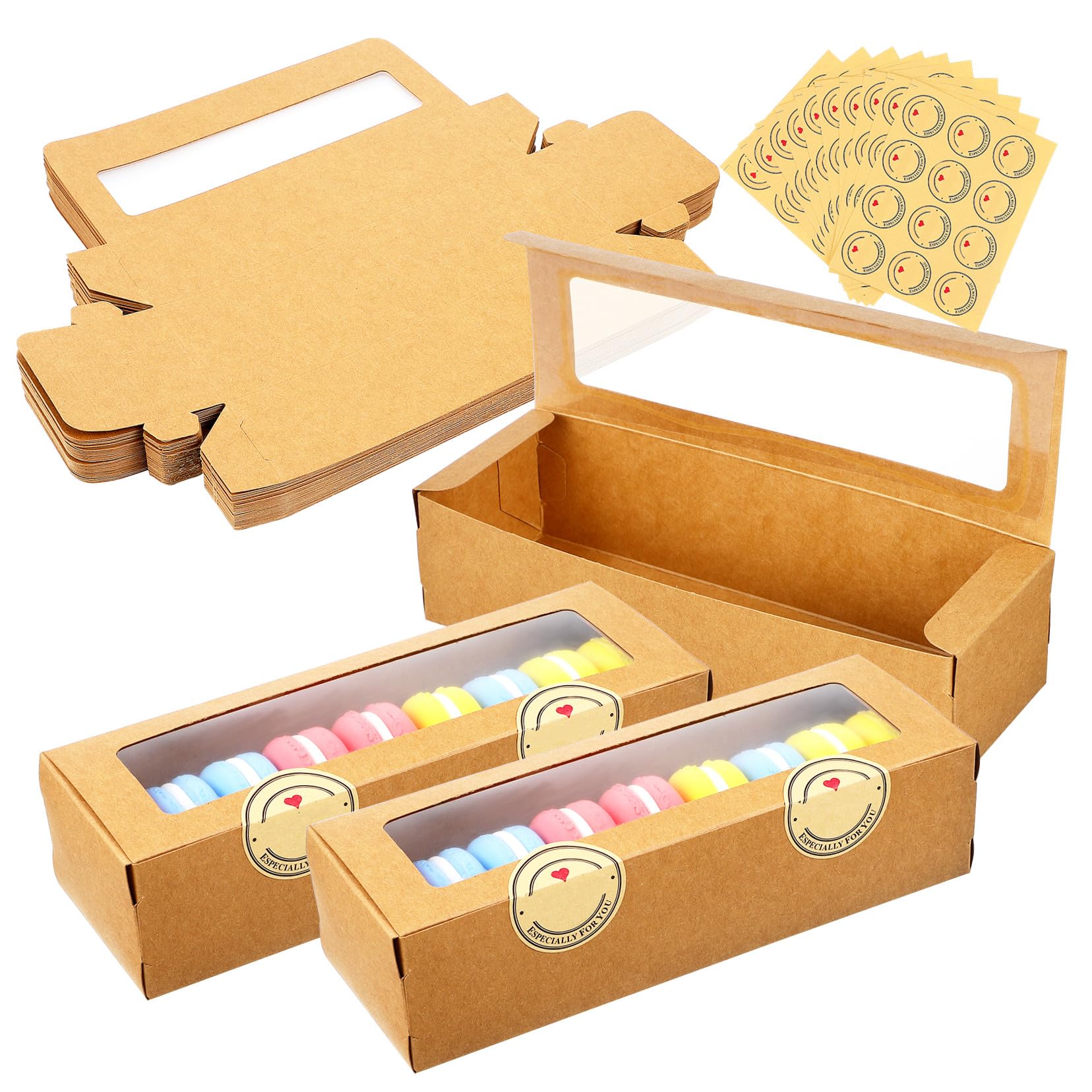 SOIMISS Boîtes à Macarons Kraft Marron avec Fenêtre Transparente, Légères et Faciles à Transporter, Pâtisserie DIY Boutiques, Lot de 50 Pièces avec Autocollants