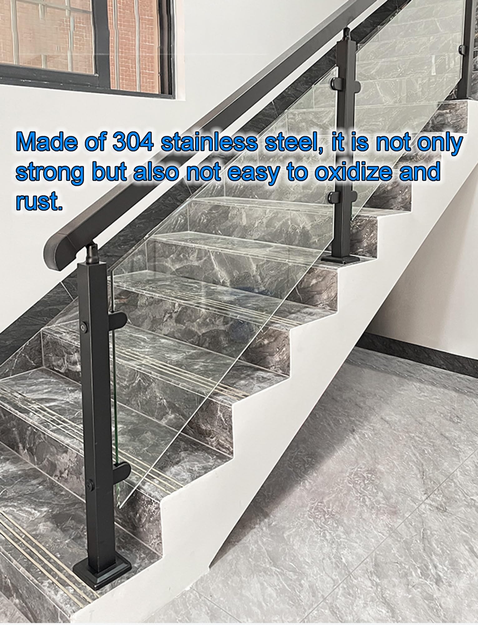 Balaustra in metallo in acciaio inox 304 per corrimano per scale con morsetto in vetro e gomme, altezza 85-105 cm