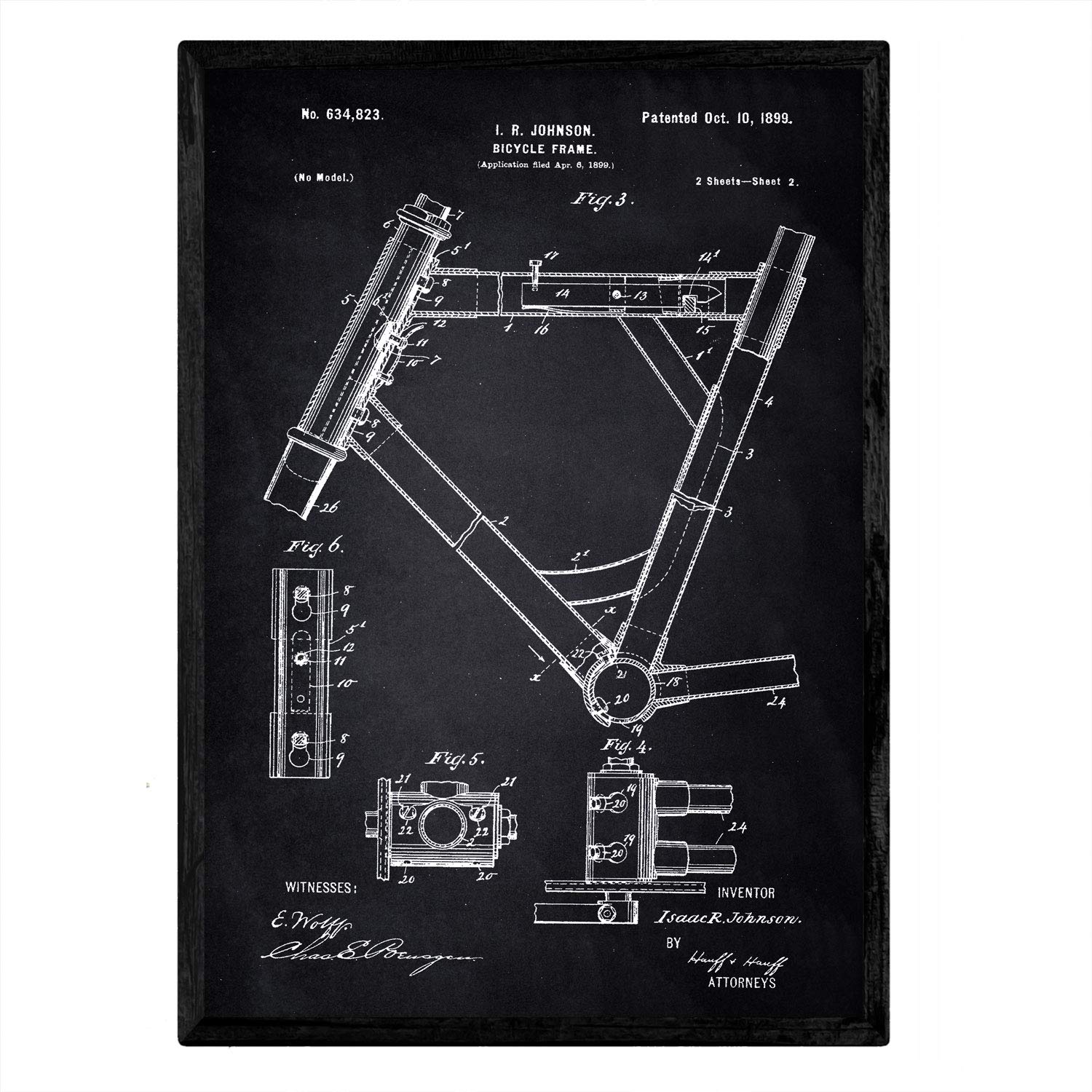 Nacnic Bicycle Frame Patent Frame 2 Antique Patent Design A3 Black Background With Frame