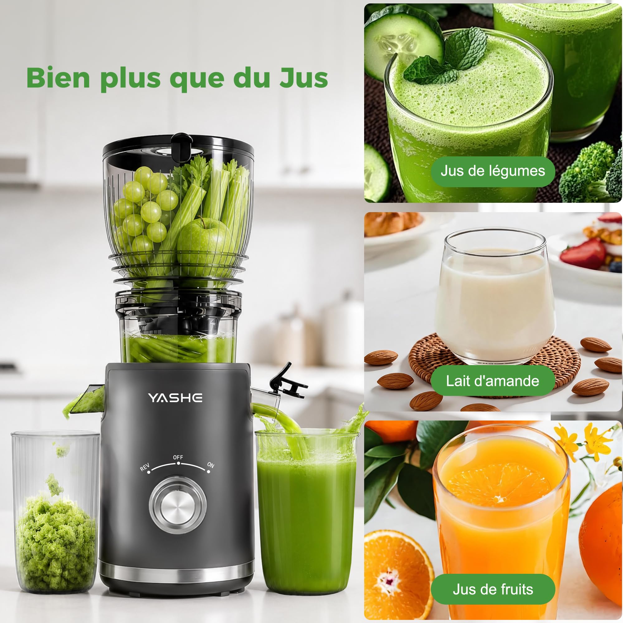 YASHE Extracteur de Jus Lent 300W, Goulotte 148 mm pour Fruits et Légumes Entiers, Slow Juicer avec Fonction Inverse, Moteur Silencieux, Sans BPA, Nettoyage Facile
