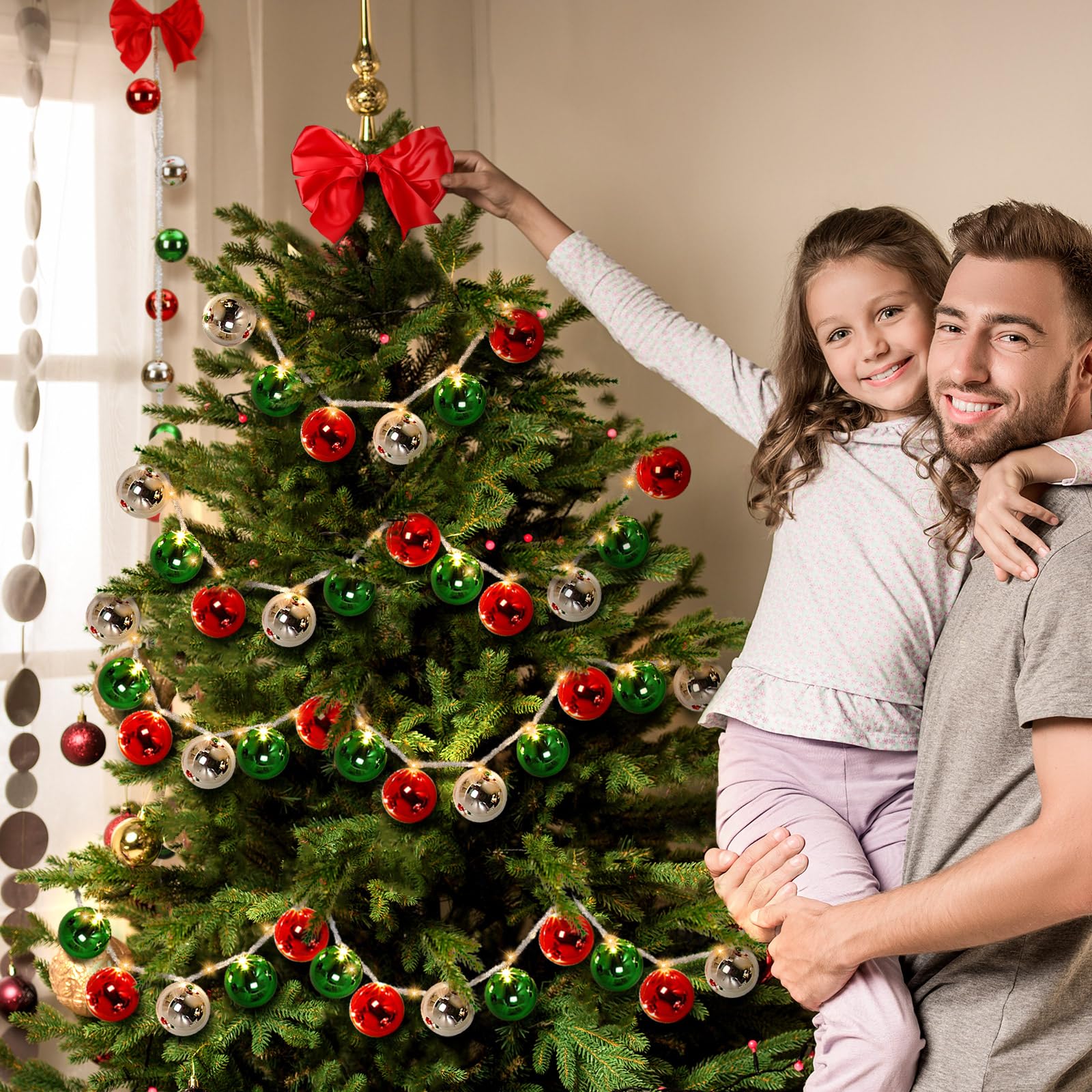 Pinkunn Weihnachtsdekoration, Weihnachtsdekoration, Kugelgirlanden mit roter Schleife, LED-Lichter, mehrfarbig, für Haustür, Weihnachtsbaum, Kranz, Fenster, Wand, Garten, Innen- und Außenbereich, 2