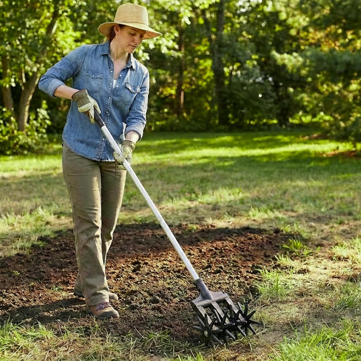 Lightweight Rotary Cultivator Garden Rotary Tiller with Adjustable Steel Poles, Anti-Slip Grip, Hand Tiller for Soil Mixing or Reseeding Grass Lawn Tiller Total Length 69 Inch