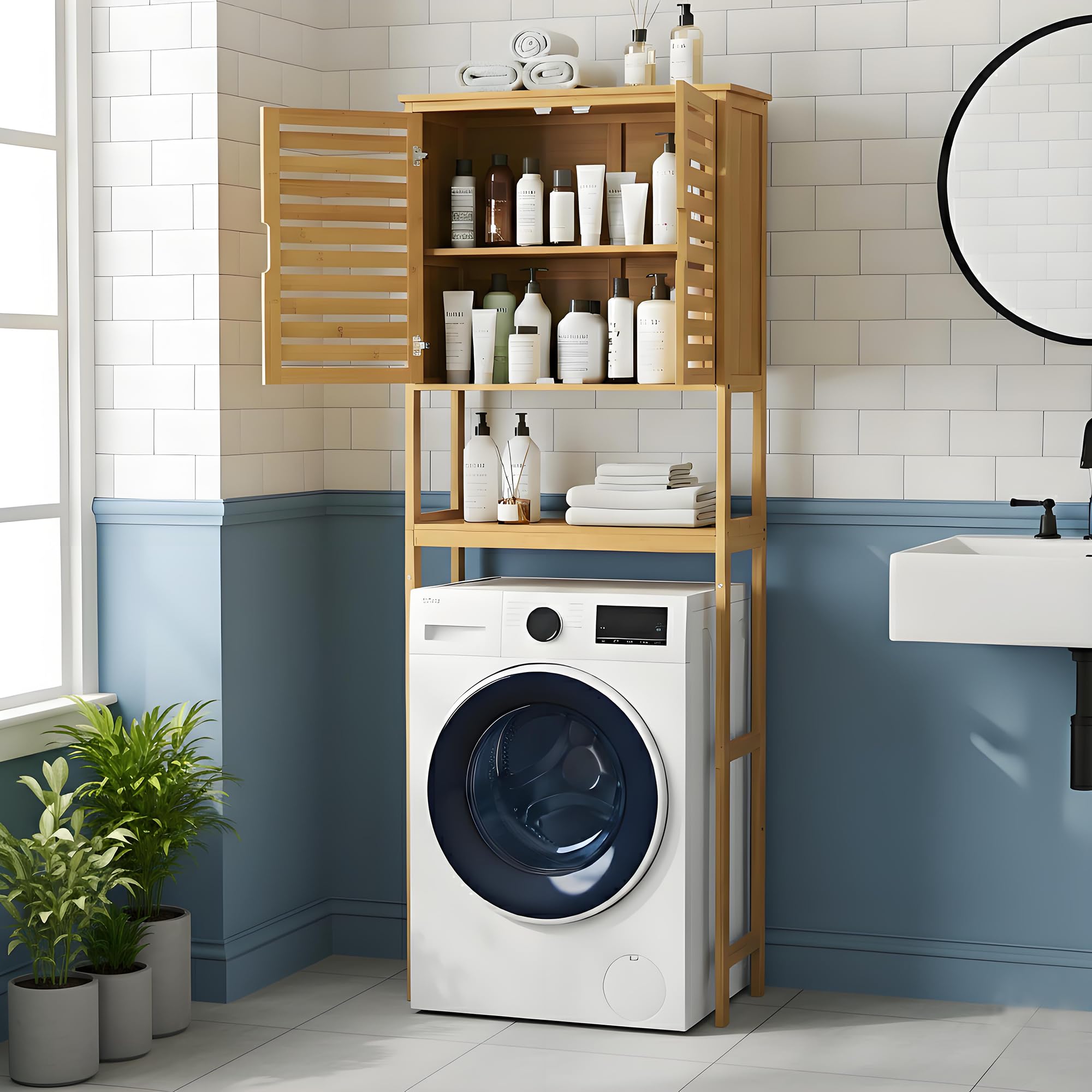 Toilettenregal Bambus 170x66x23 cm - Waschmaschinenregal | Badregal bambus, wc regal, platzsparend, ueberbauschrank, waschmaschinenschrank, kippschutz, lamellentueren, stabil
