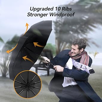 TechRise Umbrella Compact Windproof Travel Umbrellas: Easy Auto Open Close, Strong Fiberglass Frame, Durable Folding Lightweight Portable Automatic Backpack Umbrella for Men and Women, 10 Ribs
