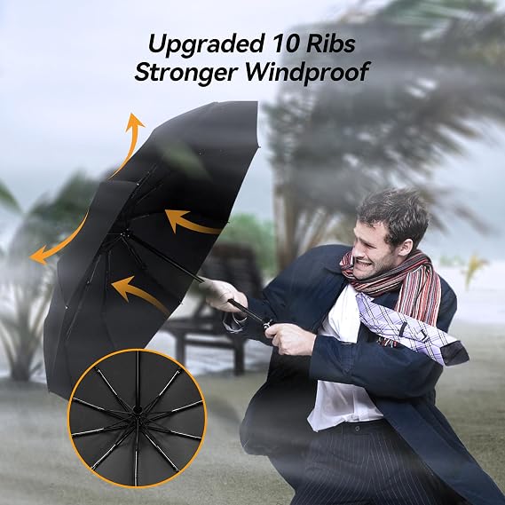 TechRise Umbrella Compact Windproof Travel Umbrellas: Easy Auto Open Close, Strong Fiberglass Frame, Durable Folding Lightweight Portable Automatic Backpack Umbrella for Men and Women, 10 Ribs