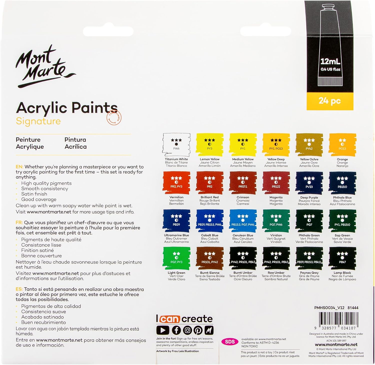 Mont Marte Acrylic Paint Set 24 Colours 12ml, Perfect for Canvas, Wood, Fabric, Leather, Cardboard, Paper, MDF and Crafts (24 Bright Colours 12 ML, 1 PACK)