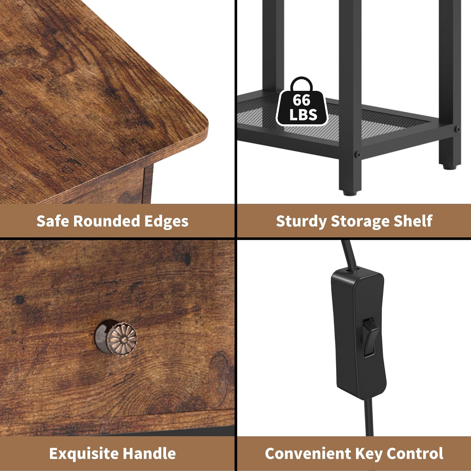 Floor Lamp with Table, Side Table with Lamp Attached, Narrow End Table with LED Lights and Charging Station, Nightstand with Wood Drawer for Living Room, Bedroom, Rustic Brown