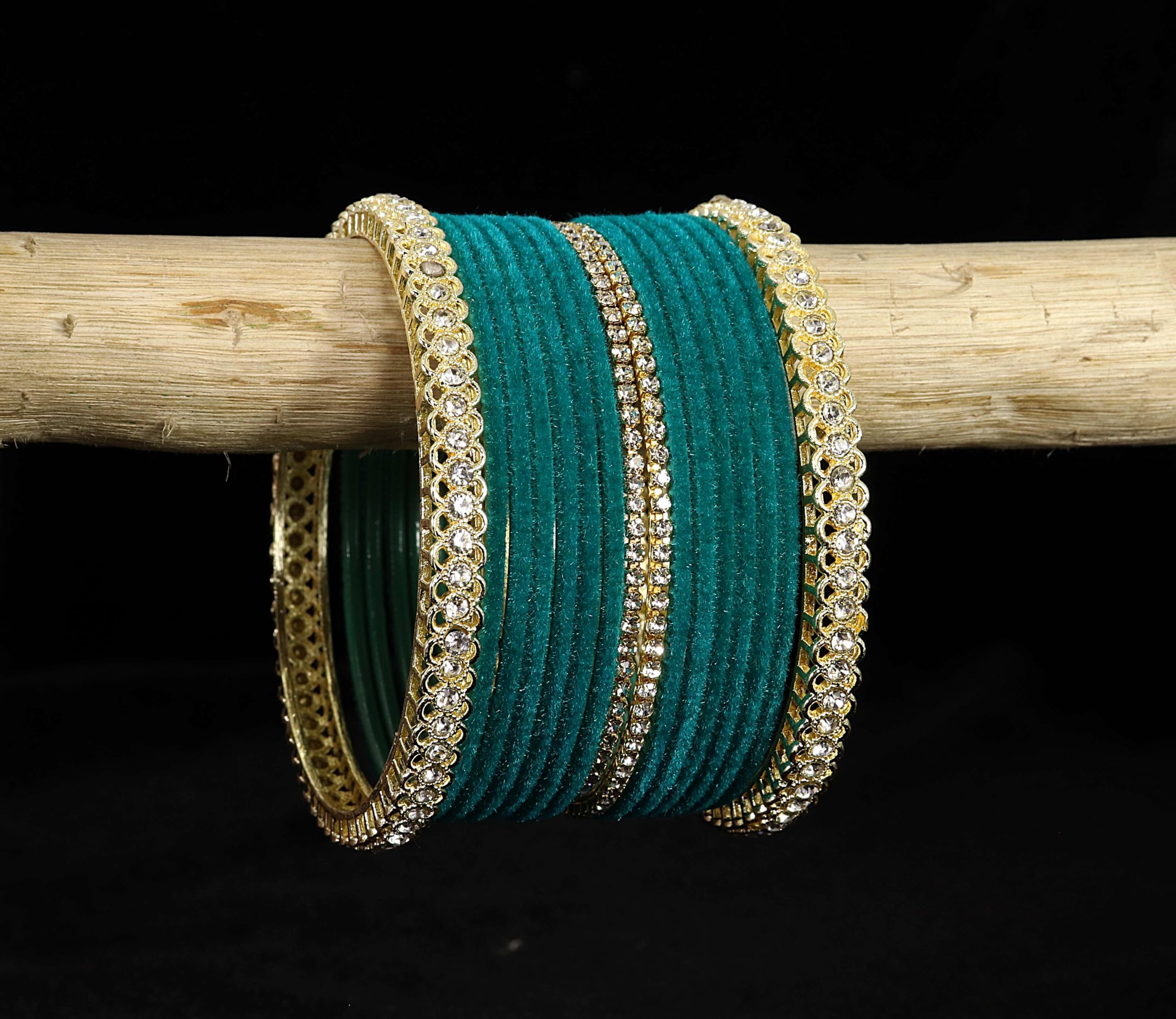 LAVAZZA Gold Plated Metal Velvet Bangles Short Chuda Set For Women & Girls with Zircon Gemstone | Radium Teal Colour Bangles| Ladies Bangles | Stone Work Bangles | Set of 32 -(LV_FMS6-Radium-2.6)