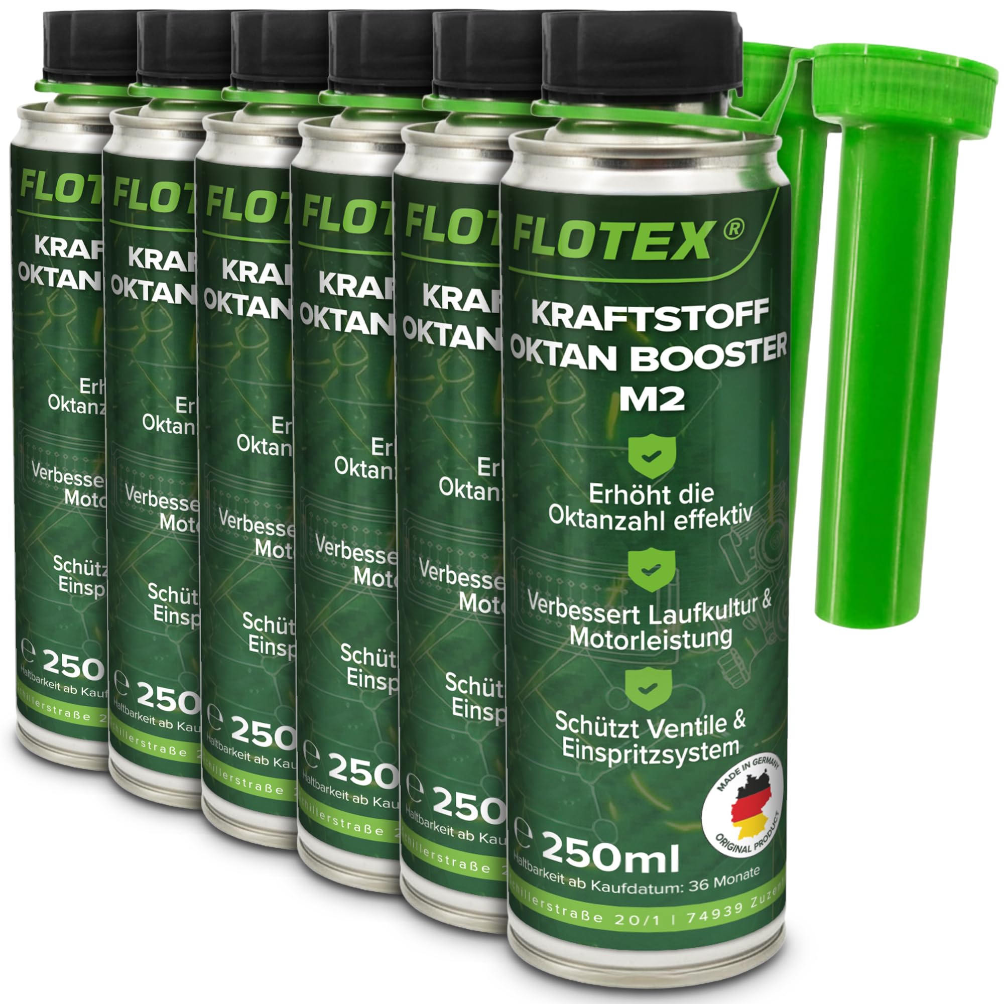 Leistungsstarker Oktanverbesserer 6x250 ml | Kraftstoffeffizienz steigernder Systemreiniger | Additiv für verbesserte Benzinverbrennung | Motorreiniger für sämtliche Benzinmotoren