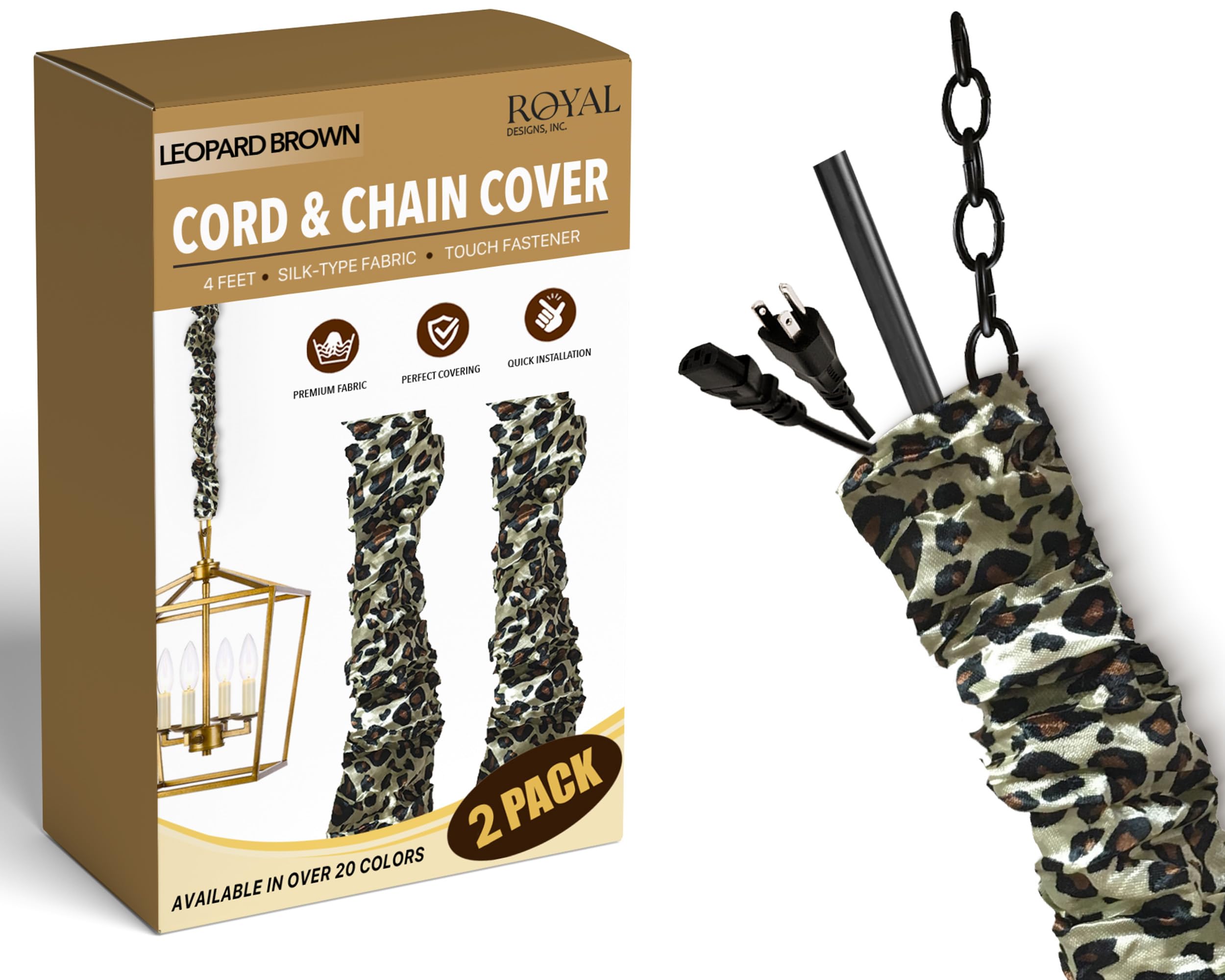 Royal Designs, Inc. Cord &amp; Chain Cover 4 ft Silk Type Fabric, Chandelier Pendant Lighting Chain &amp; Cable Management, Touch Fastener, Leopard Brown - 2 Pack
