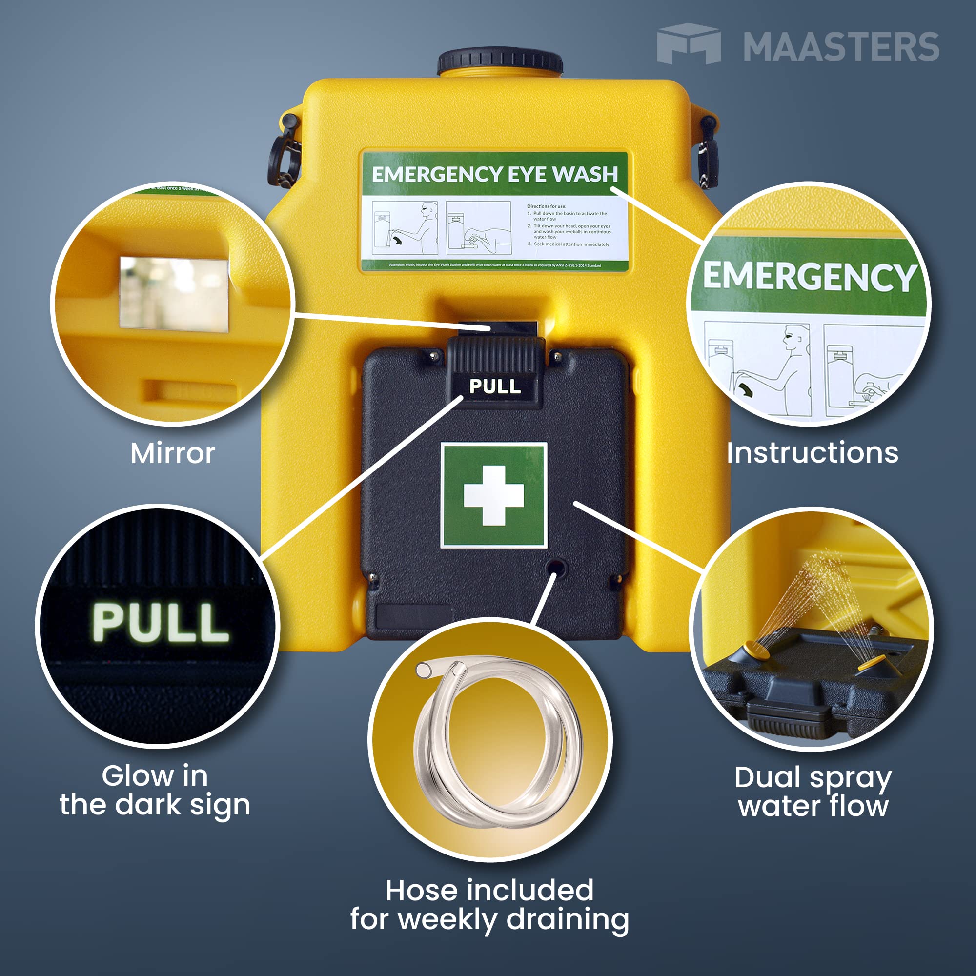 MAASTERS 15gal Portable Eye Wash Station, Wall Mount Eyewash Station OSHAApproved, Emergency