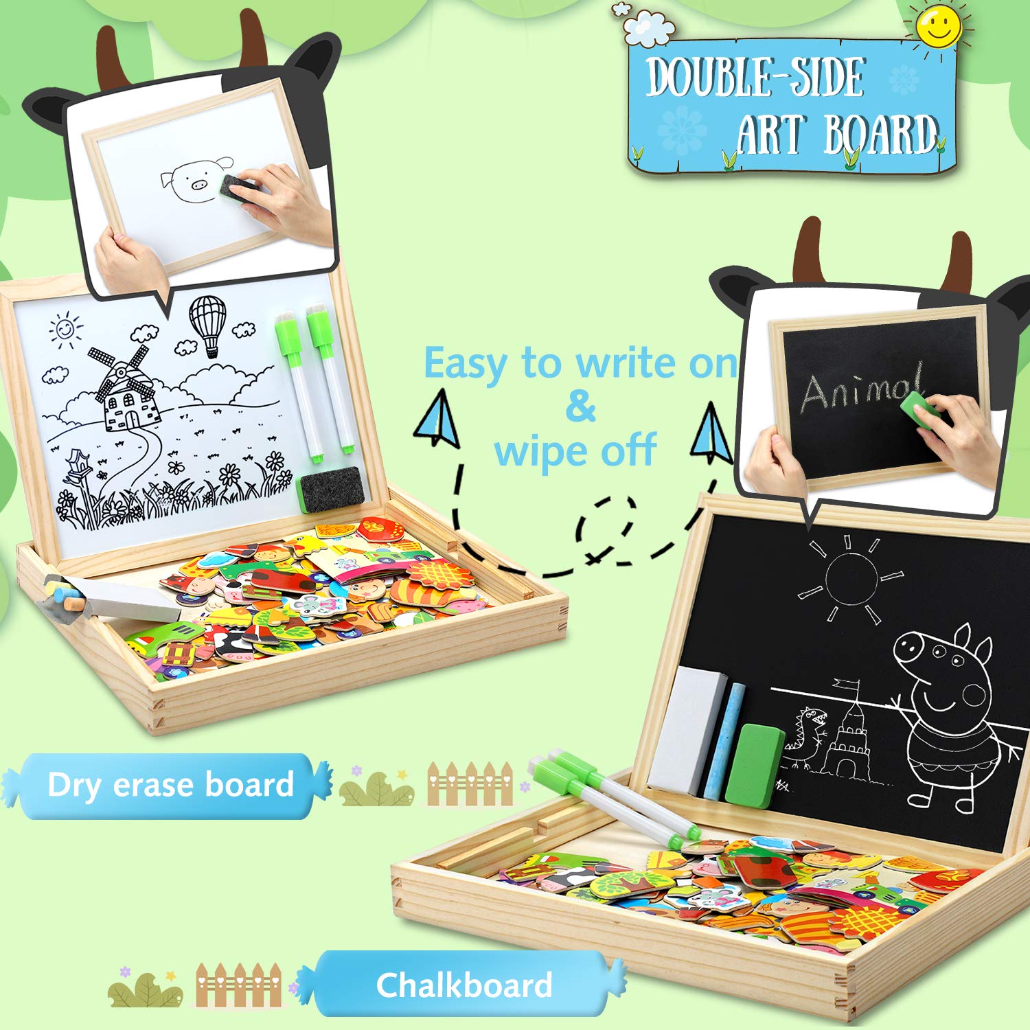 COOLJOY 100+ drewnianych puzzli magnetycznych, z motywem gospodarstwa, dwustronne drewniane puzzle, edukacyjna tablica rysunkowa, drewniana zabawka dla dzieci, chłopców, dziewcząt w wieku 3, 4, 5 lat