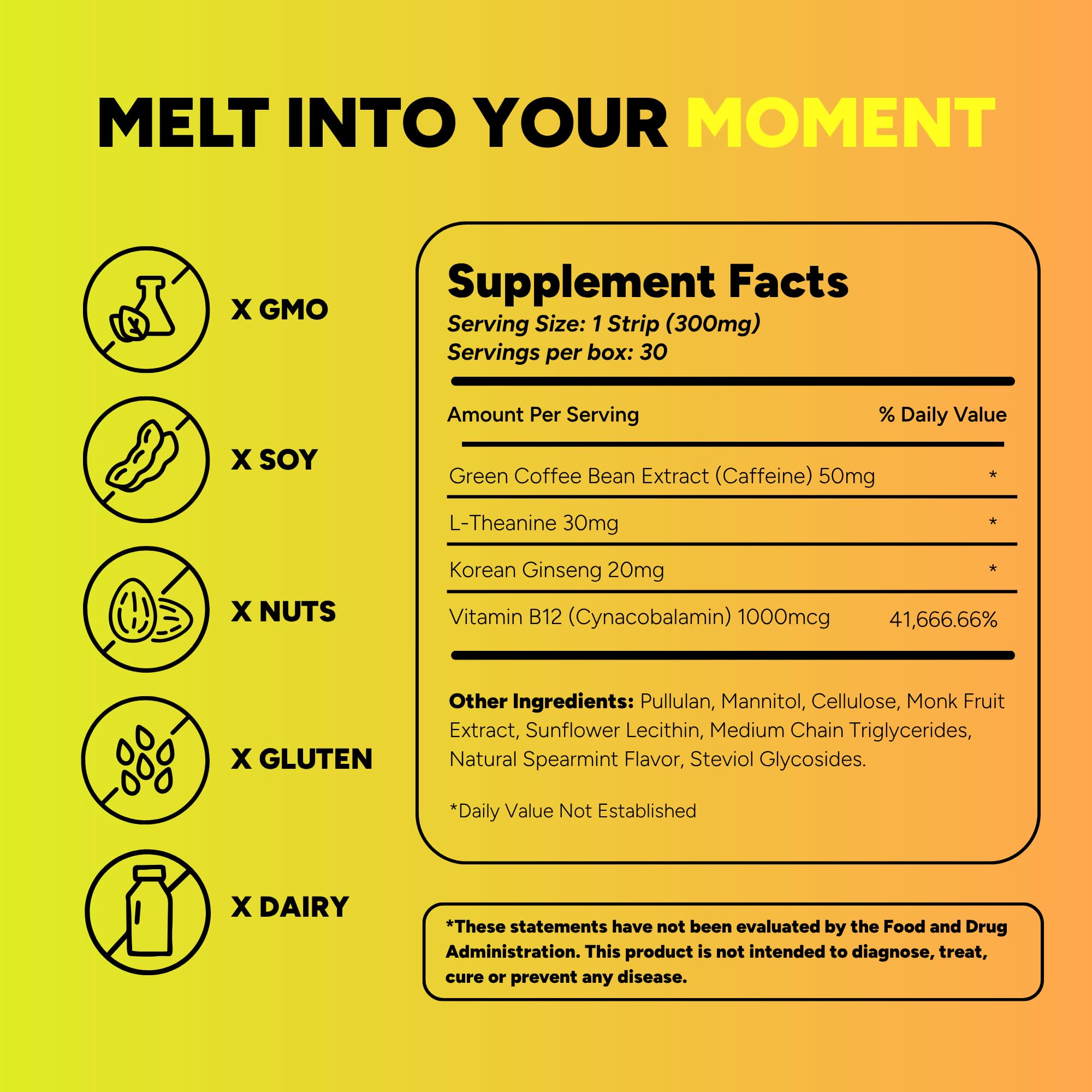 Energy & Focus Mint Strips – Natural Caffeine, L-Theanine, B12, Ginseng – Melt on Contact, Fast Acting, Jitter-Free Alternative with Nootropics – Fresh Mint Flavor On-the-Go – 30 Strips — Amazon image 5