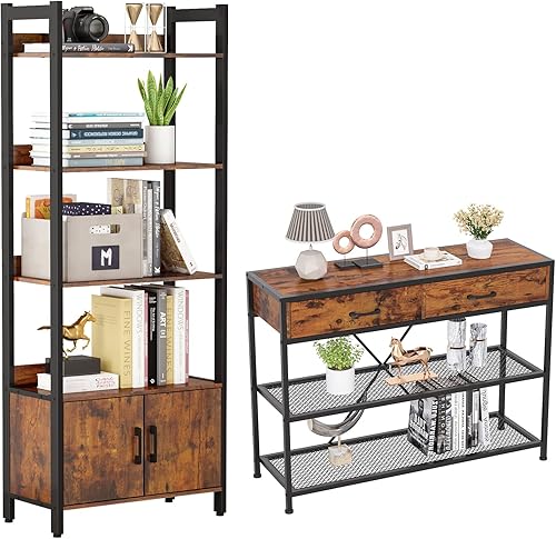 Furologee Estantería de 5 niveles, estantería alta con 2 cajones de almacenamiento, mesa de consola para entrada con cajones, soporte de TV alto,