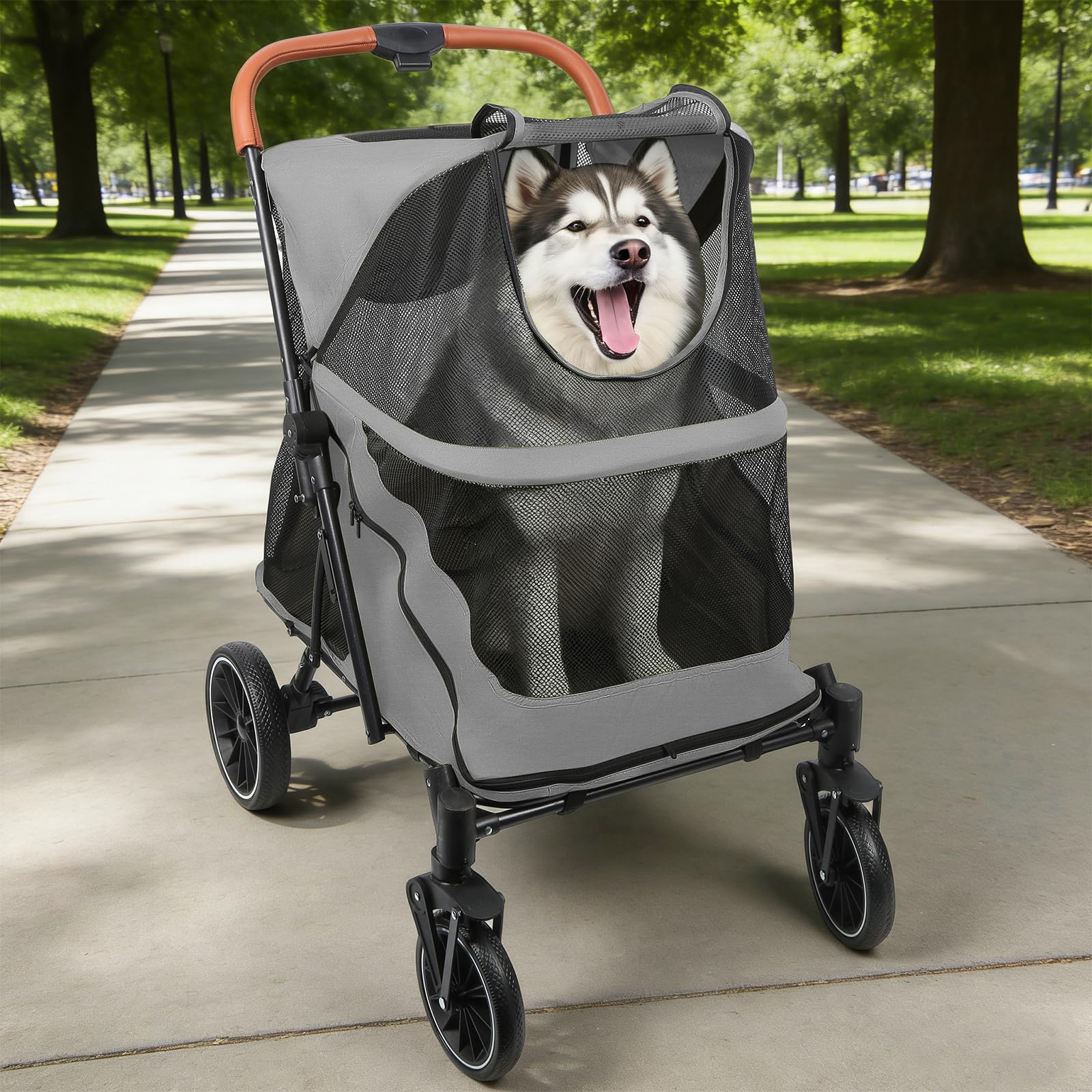 Homewell Passeggino per cani di taglia grande, pieghevole, con finestre in rete, pieghevole, fino a 35 kg, 60 x 83 x 108 cm (grigio)