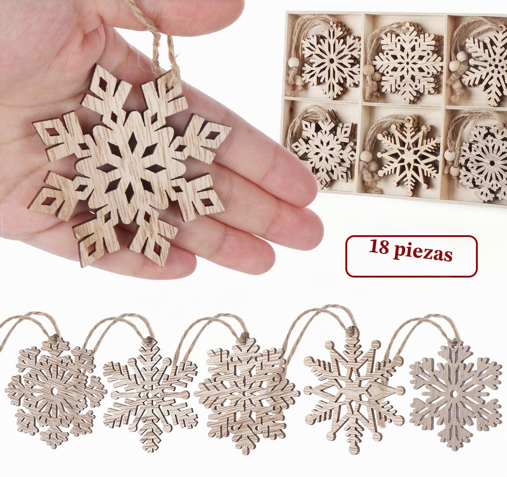 18pcs Navidad Copos de Nieve Adornos árbol de Madera Colgante Decoraciones rústico Madera artesanía